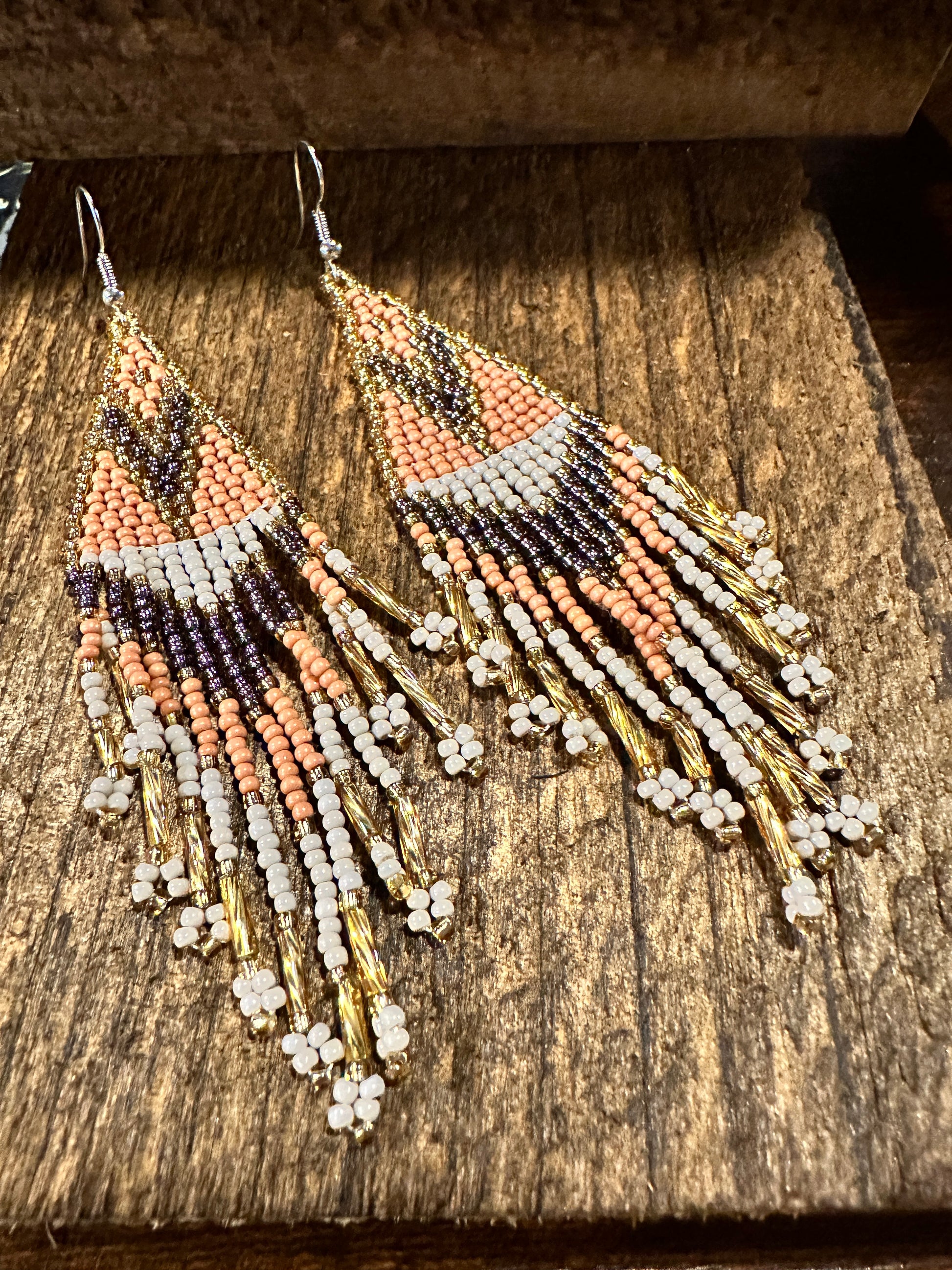 Handcrafted Bohemian Navajo Seed Bead Dangle Earrings with Peach Brown Accents - Perfect Gift in Decorative Box - Silver Elegant