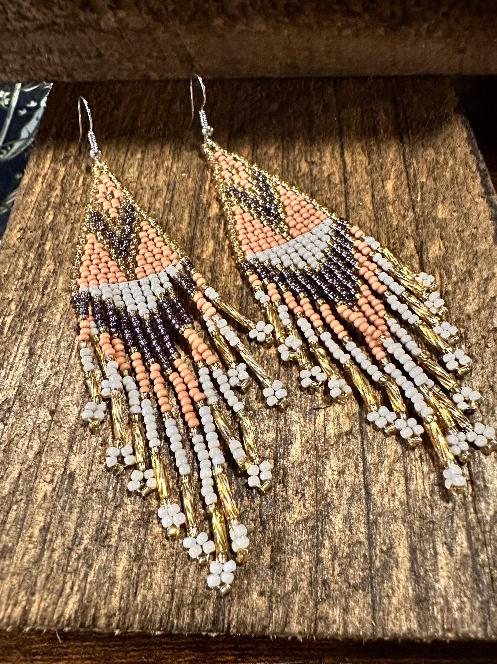 Handcrafted Bohemian Navajo Seed Bead Dangle Earrings with Peach Brown Accents - Perfect Gift in Decorative Box - Silver Elegant