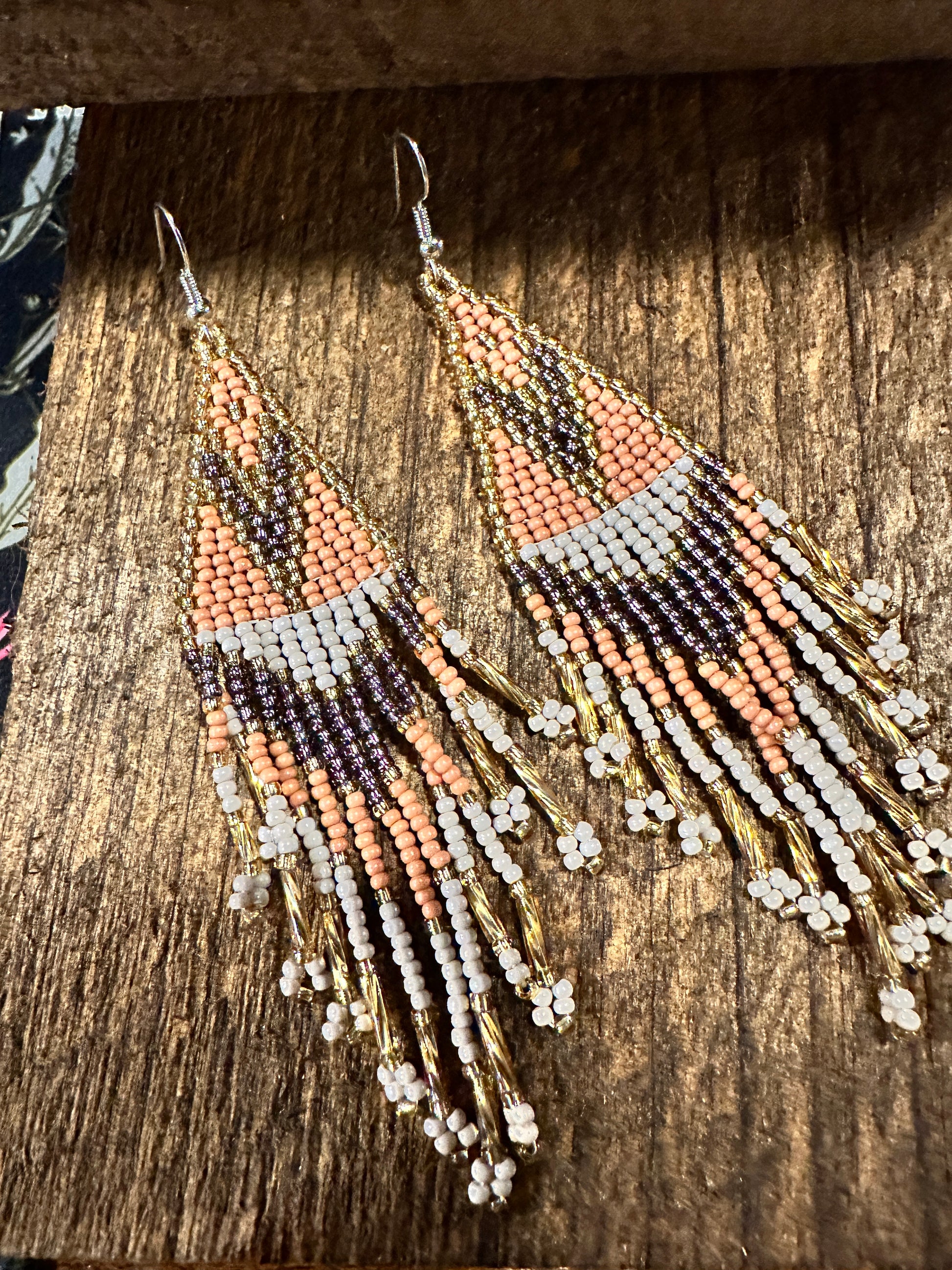 Handcrafted Bohemian Navajo Seed Bead Dangle Earrings with Peach Brown Accents - Perfect Gift in Decorative Box - Silver Elegant