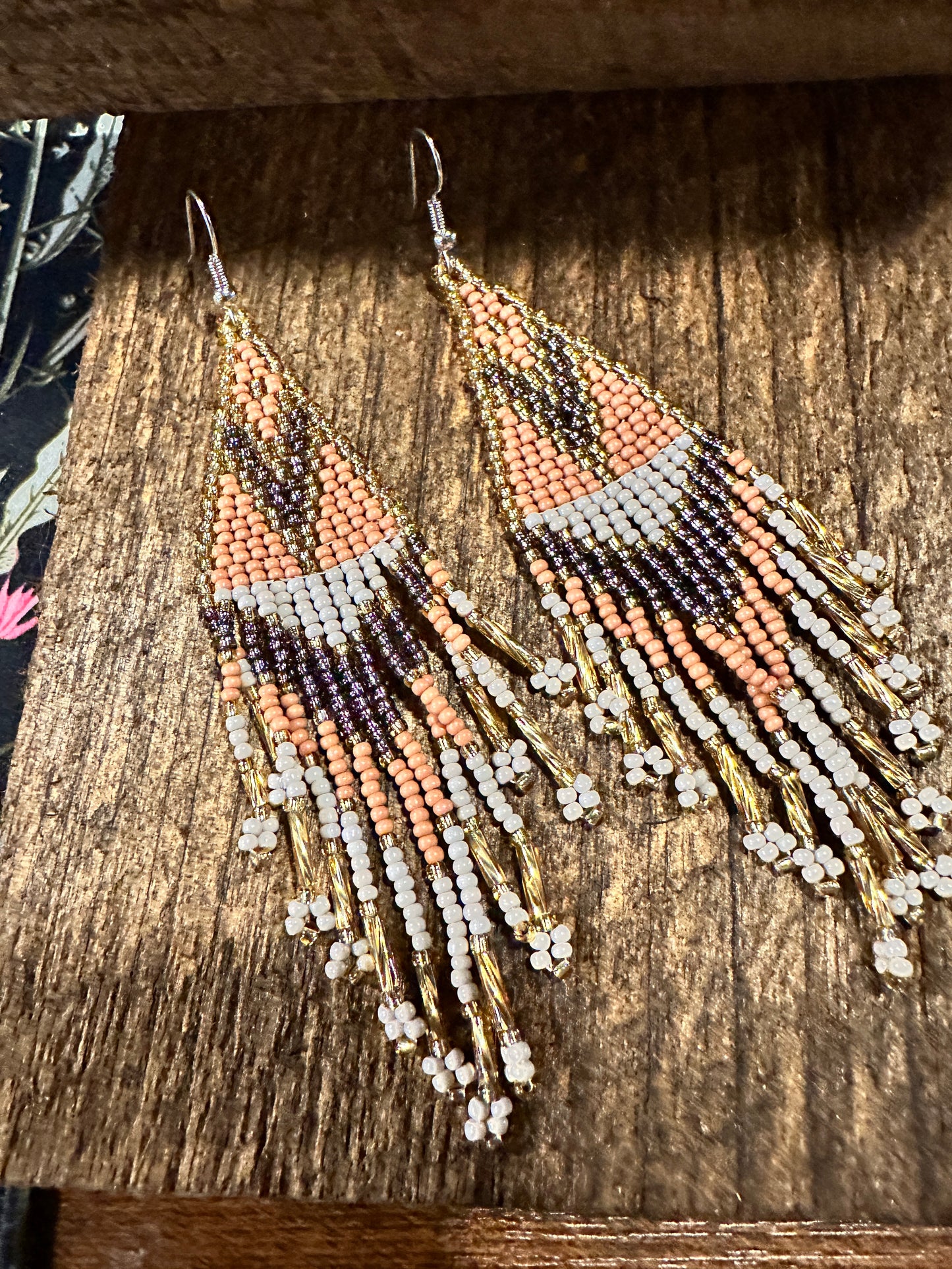 Handcrafted Bohemian Navajo Seed Bead Dangle Earrings with Peach Brown Accents - Perfect Gift in Decorative Box - Silver Elegant