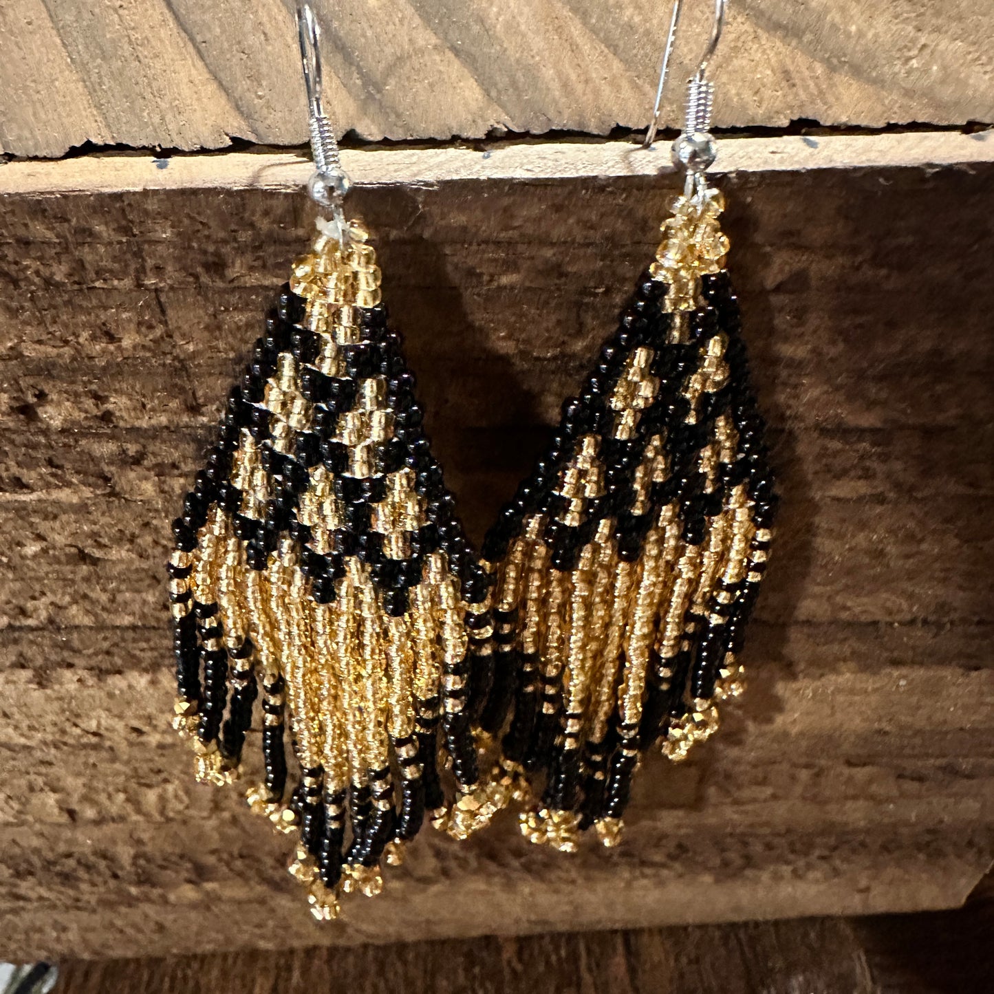 Chic Bohemian Navajo Seed Bead Dangle Earrings with Black and Gold Accents, Gift-Ready Box Included - Silver Elegant