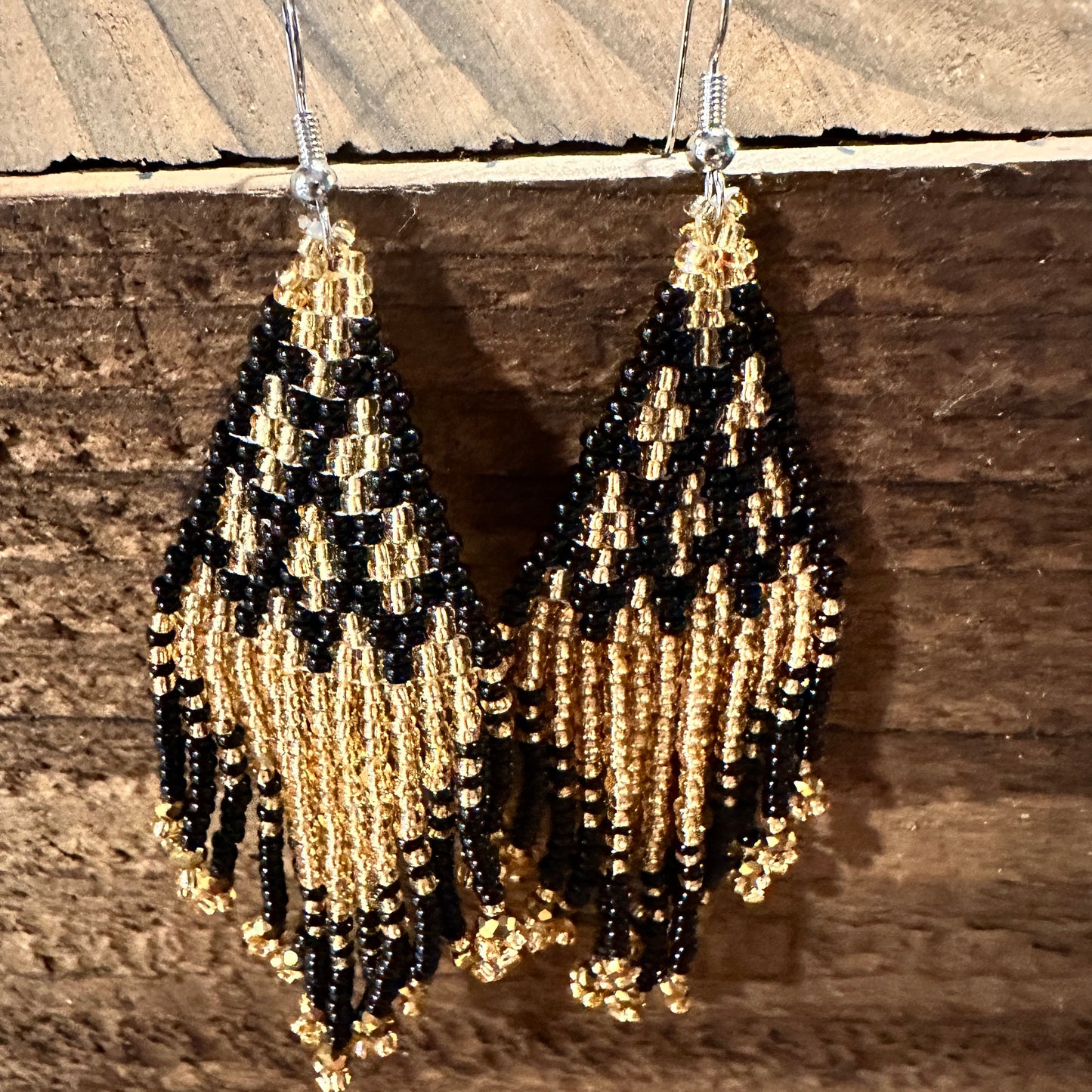 Chic Bohemian Navajo Seed Bead Dangle Earrings with Black and Gold Accents, Gift-Ready Box Included - Silver Elegant