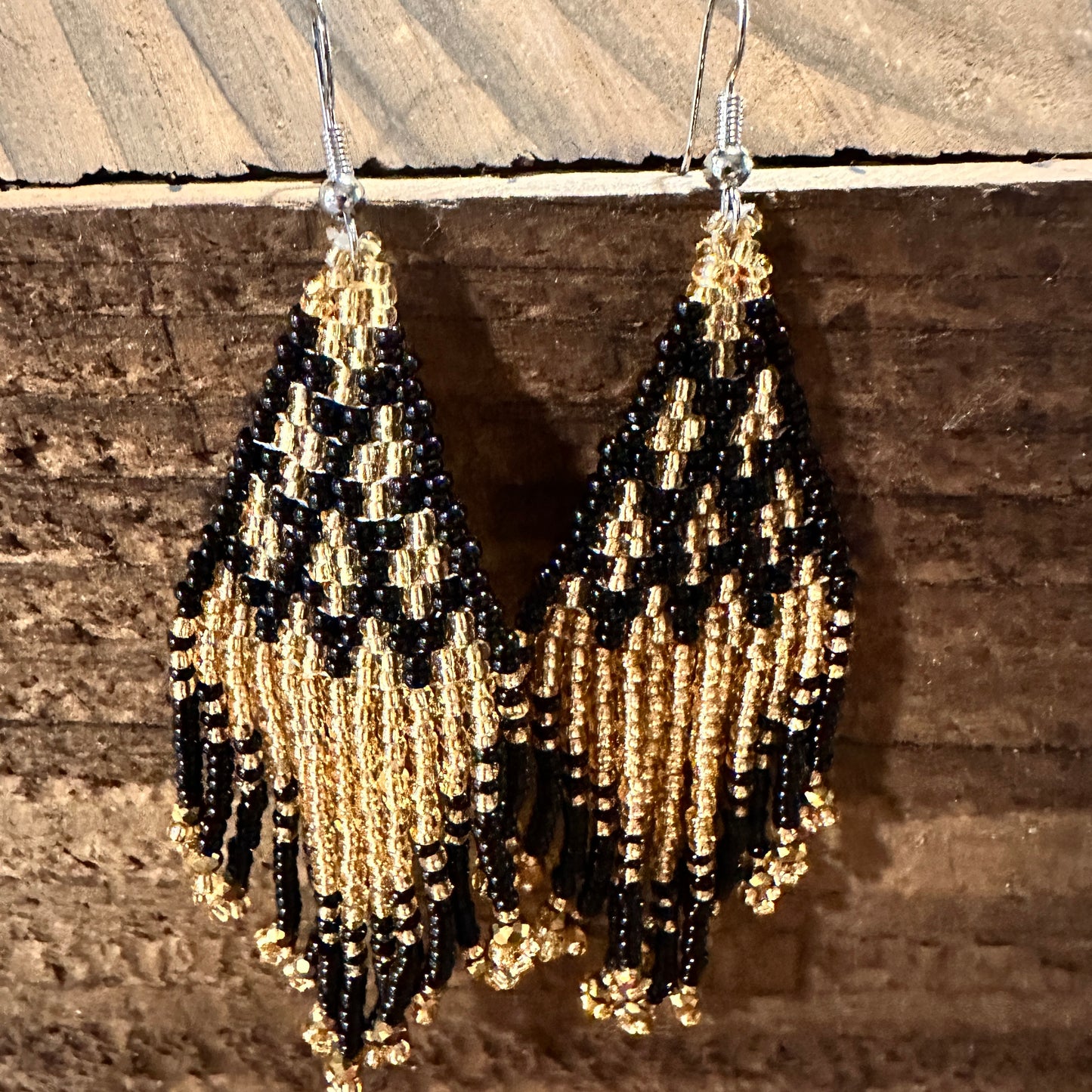 Chic Bohemian Navajo Seed Bead Dangle Earrings with Black and Gold Accents, Gift-Ready Box Included - Silver Elegant