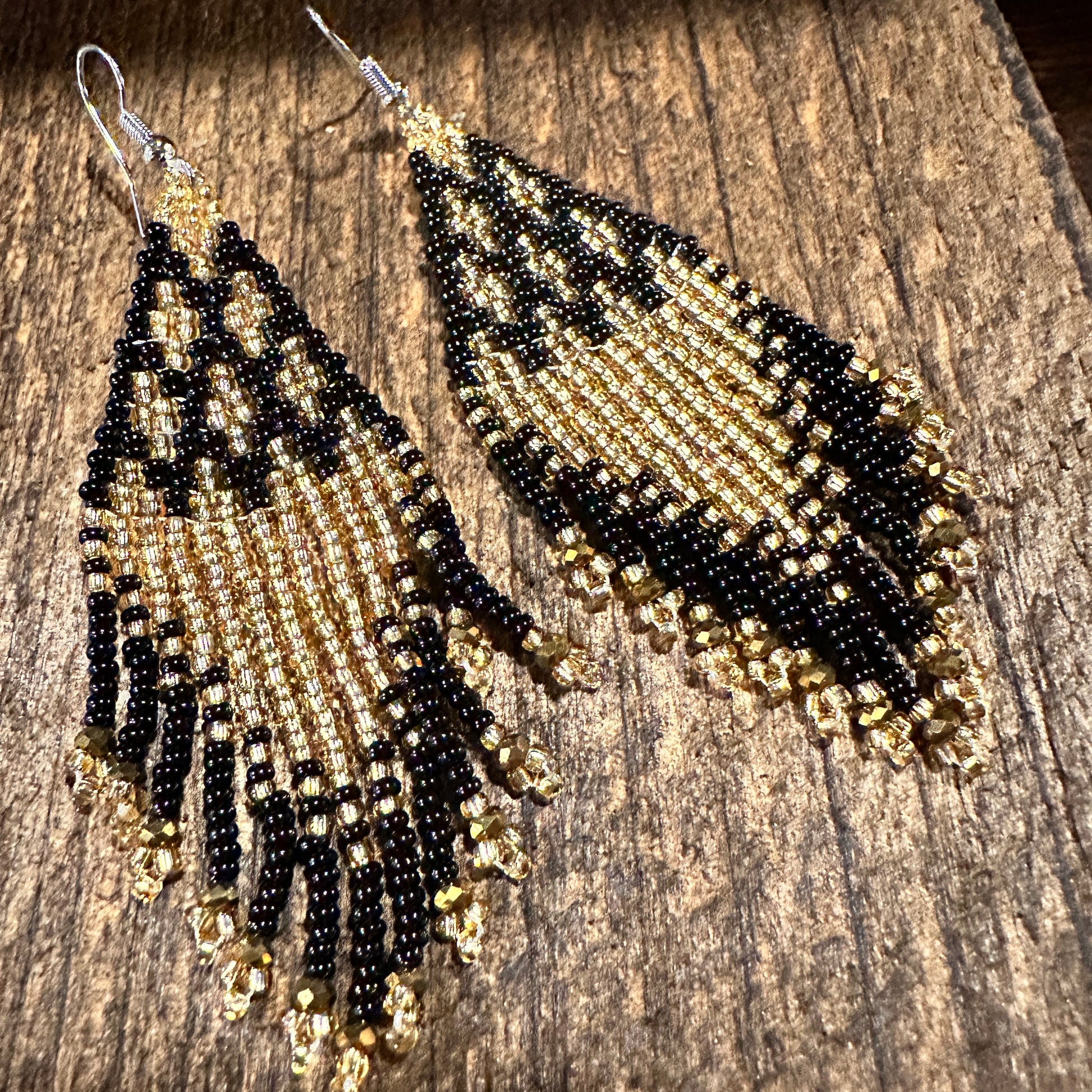 Chic Bohemian Navajo Seed Bead Dangle Earrings with Black and Gold Accents, Gift-Ready Box Included - Silver Elegant