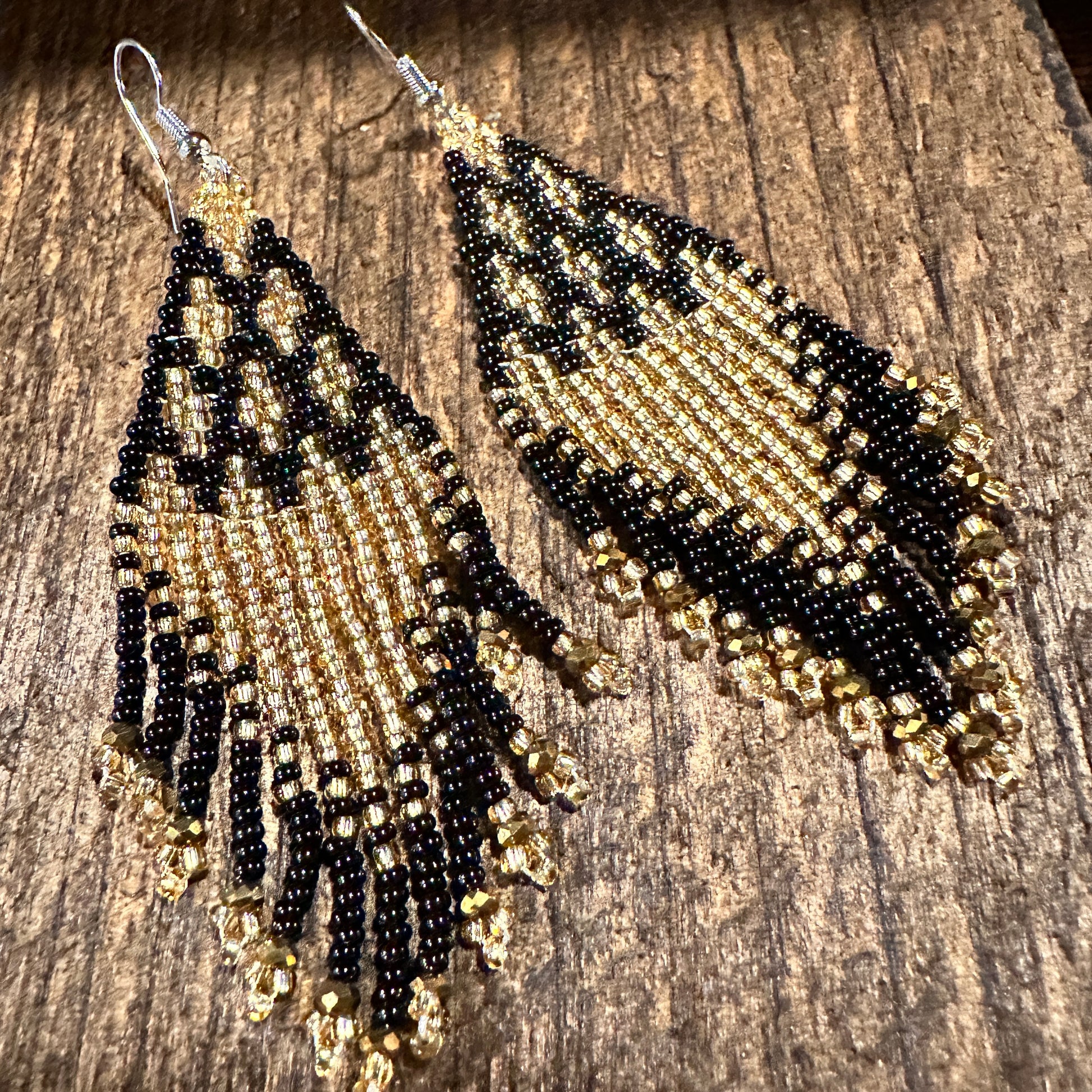 Chic Bohemian Navajo Seed Bead Dangle Earrings with Black and Gold Accents, Gift-Ready Box Included - Silver Elegant