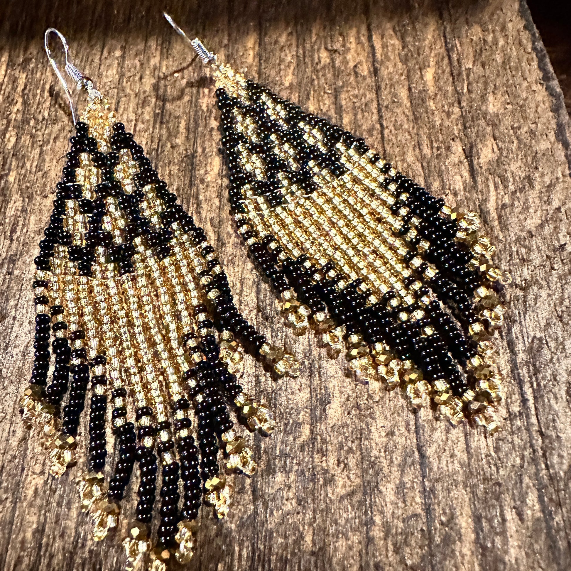 Chic Bohemian Navajo Seed Bead Dangle Earrings with Black and Gold Accents, Gift-Ready Box Included - Silver Elegant