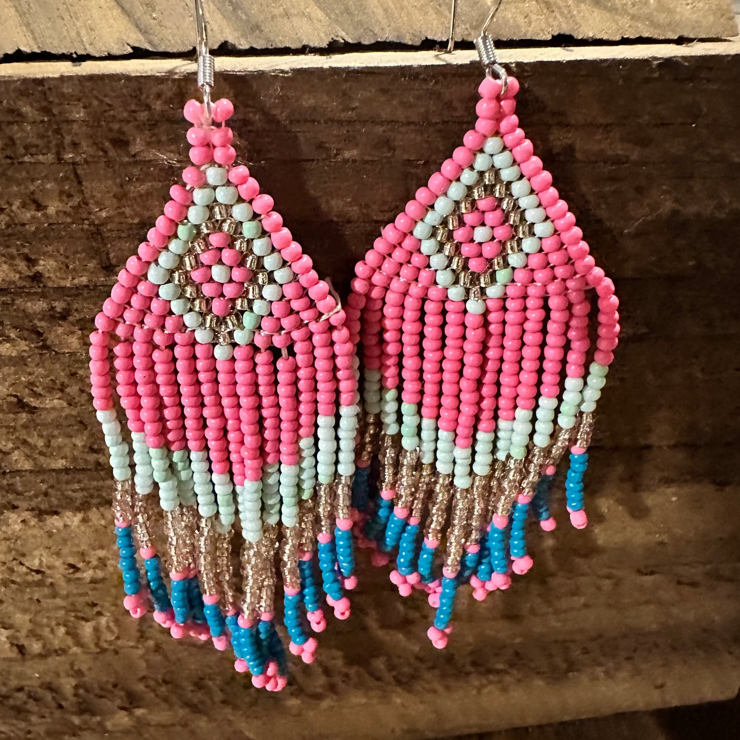 Navajo-Inspired Boho Seed Bead Dangle Earrings in Pink and Blue, Gift-Ready Boxed Jewelry - Silver Elegant