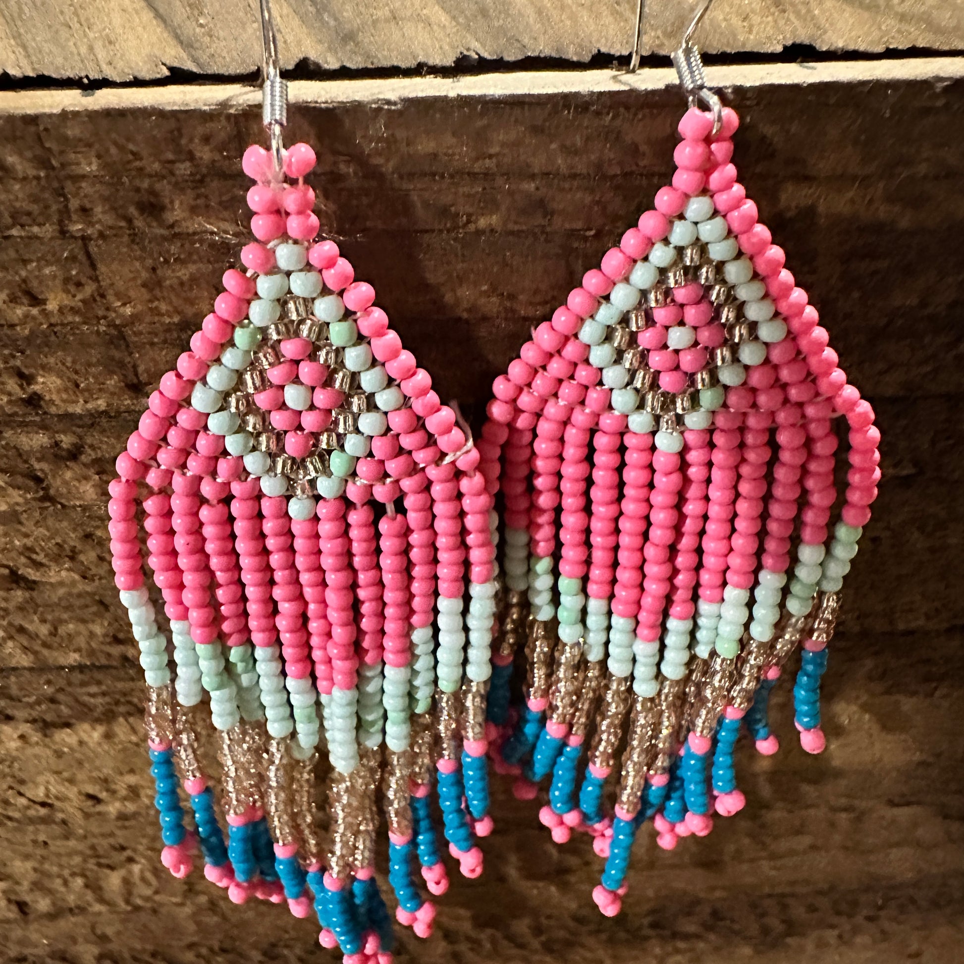 Navajo-Inspired Boho Seed Bead Dangle Earrings in Pink and Blue, Gift-Ready Boxed Jewelry - Silver Elegant