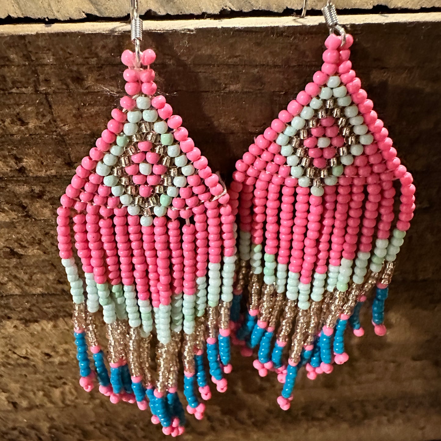 Navajo-Inspired Boho Seed Bead Dangle Earrings in Pink and Blue, Gift-Ready Boxed Jewelry - Silver Elegant