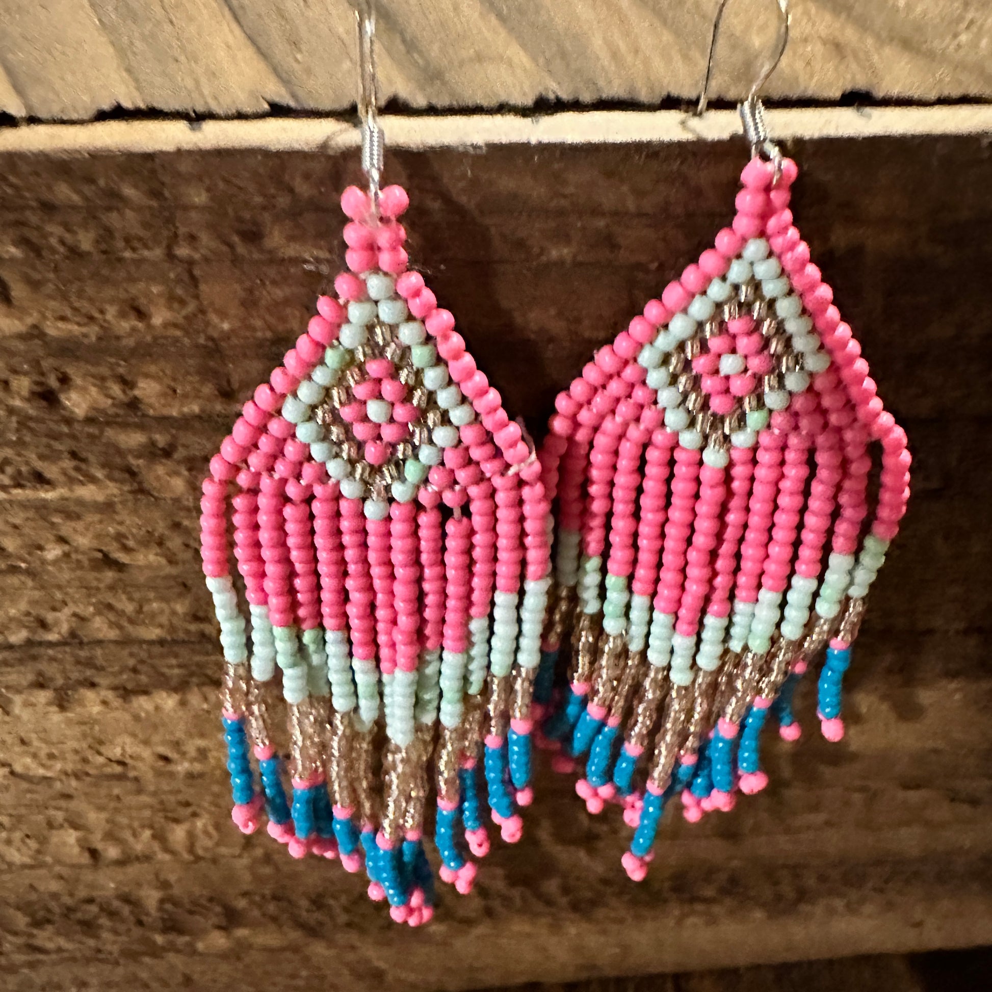 Navajo-Inspired Boho Seed Bead Dangle Earrings in Pink and Blue, Gift-Ready Boxed Jewelry - Silver Elegant