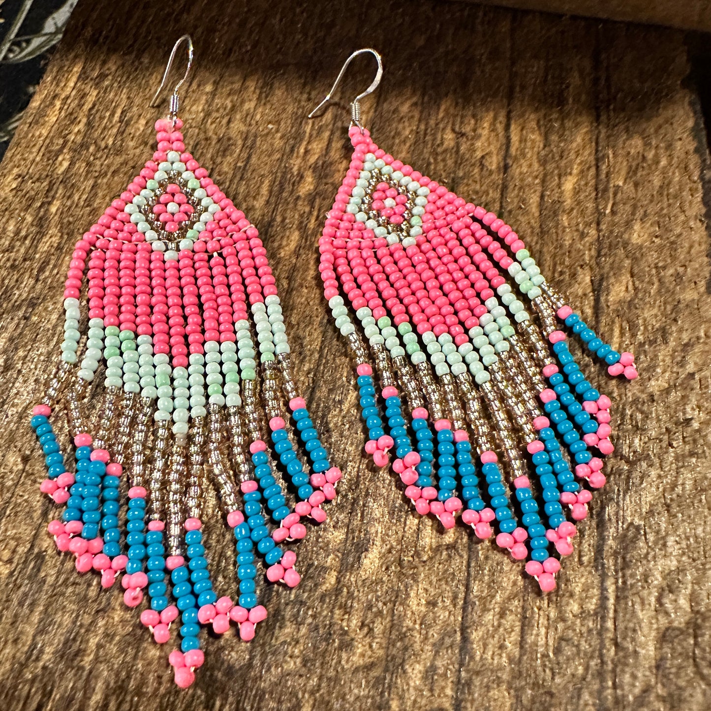 Navajo-Inspired Boho Seed Bead Dangle Earrings in Pink and Blue, Gift-Ready Boxed Jewelry - Silver Elegant