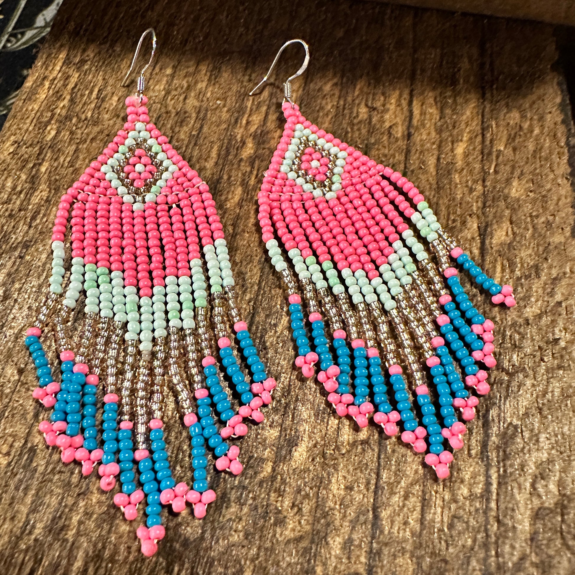 Navajo-Inspired Boho Seed Bead Dangle Earrings in Pink and Blue, Gift-Ready Boxed Jewelry - Silver Elegant