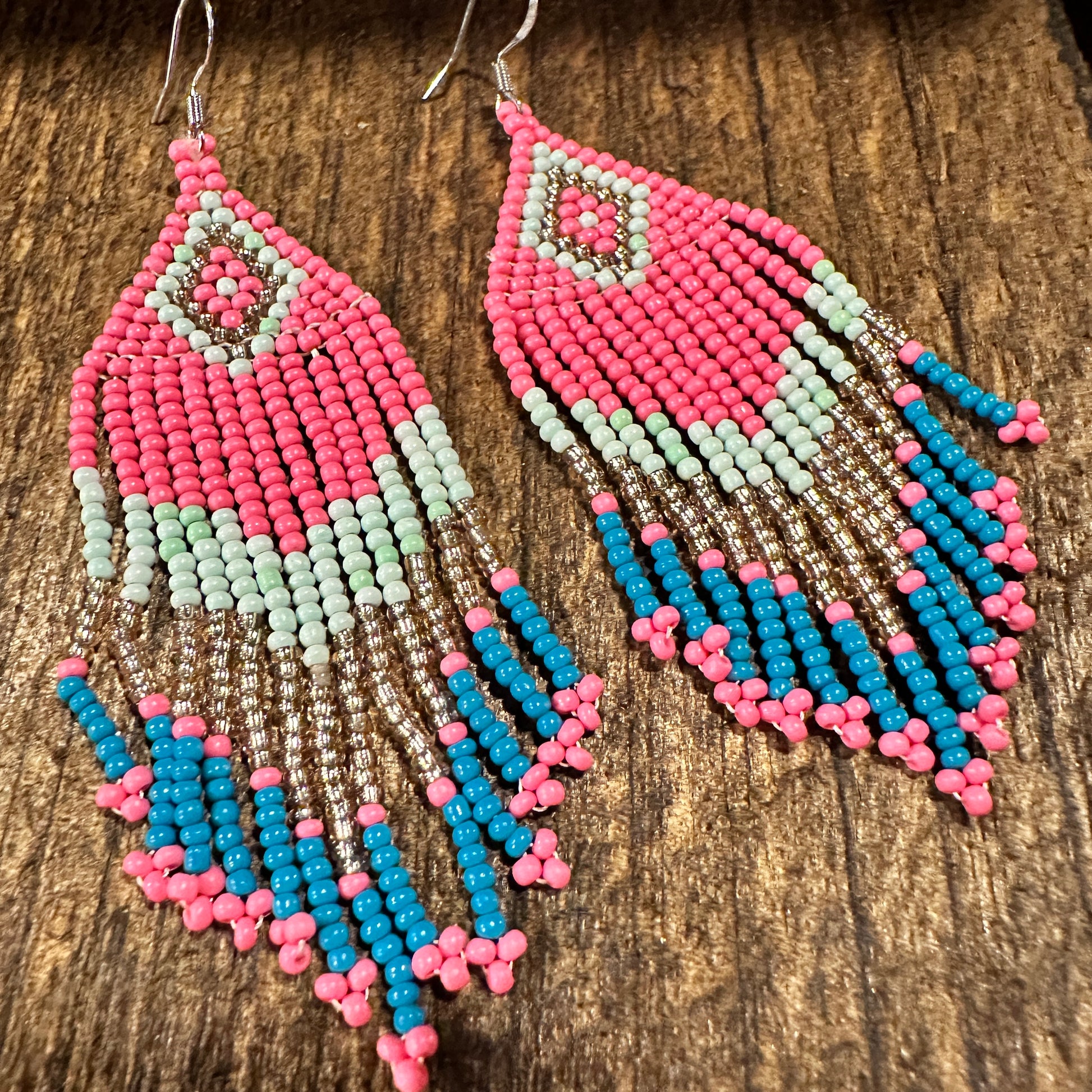 Navajo-Inspired Boho Seed Bead Dangle Earrings in Pink and Blue, Gift-Ready Boxed Jewelry - Silver Elegant