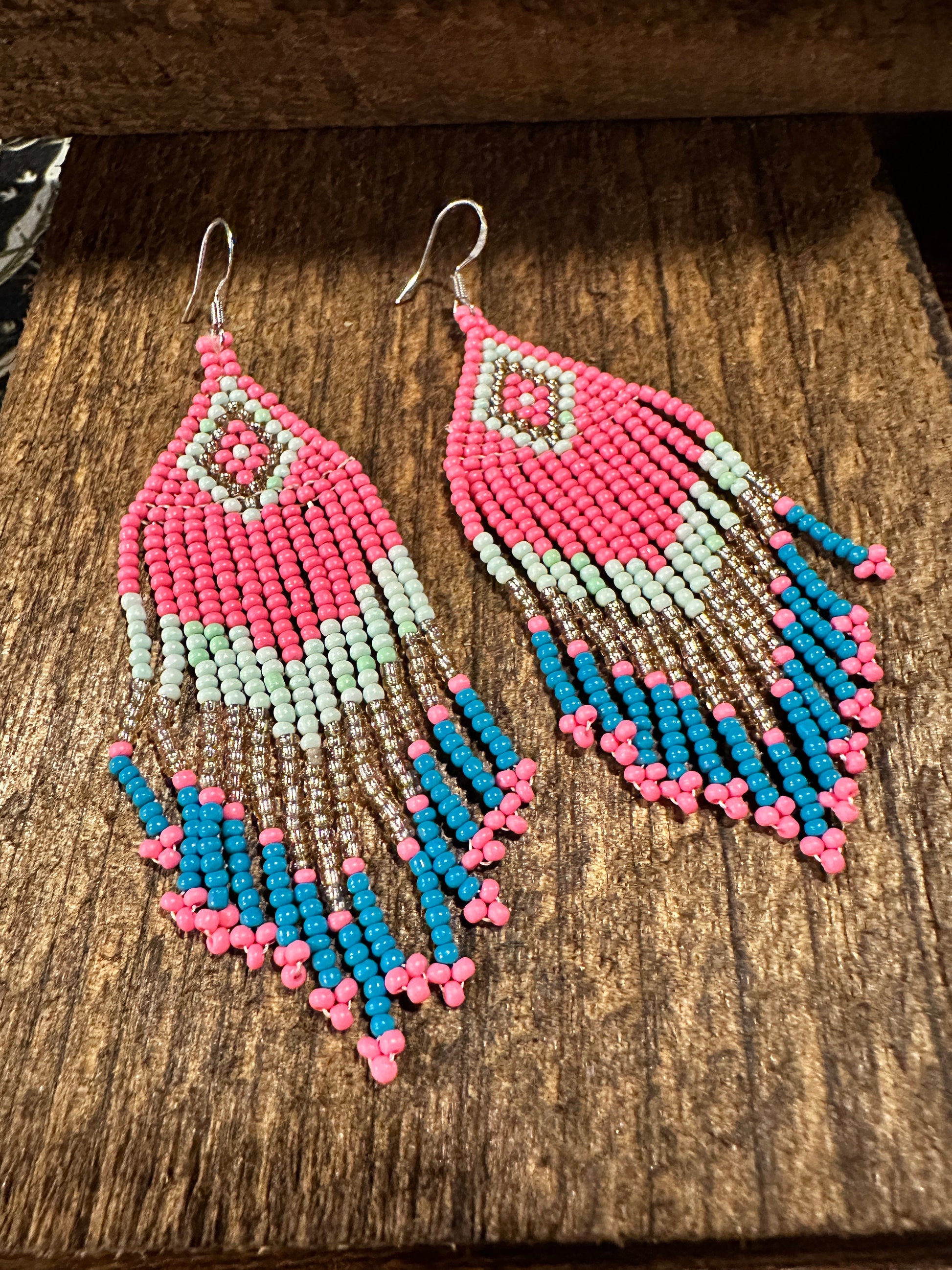 Navajo-Inspired Boho Seed Bead Dangle Earrings in Pink and Blue, Gift-Ready Boxed Jewelry - Silver Elegant