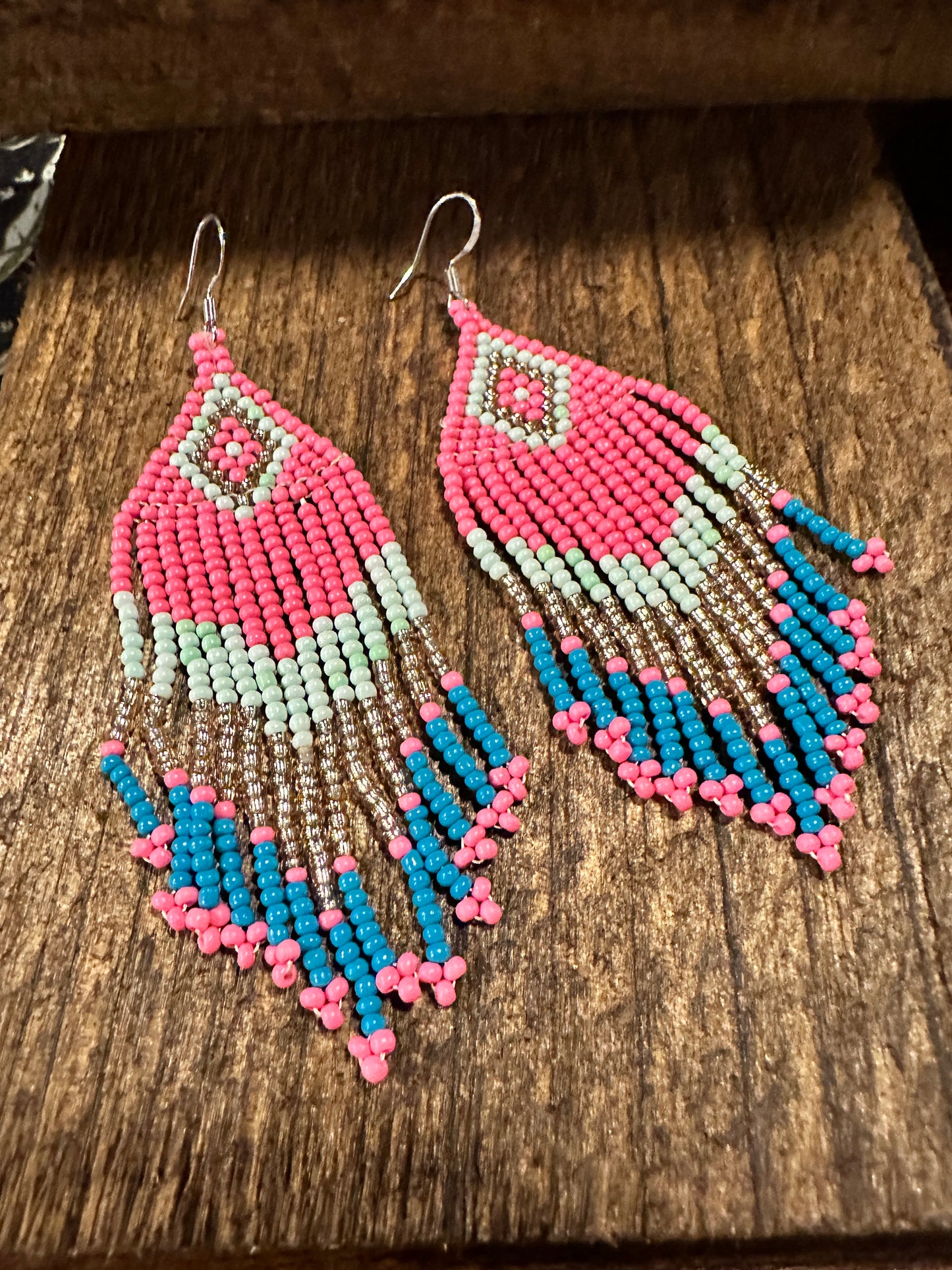 Navajo-Inspired Boho Seed Bead Dangle Earrings in Pink and Blue, Gift-Ready Boxed Jewelry - Silver Elegant