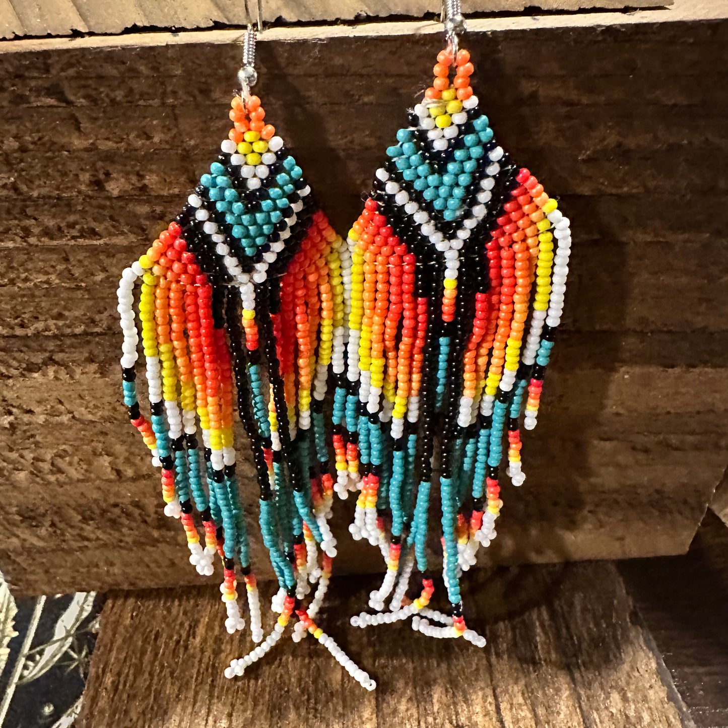 Elegant Navajo Seed Bead Dangle Earrings with Orange Turquoise, Gift-Boxed - Silver Elegant