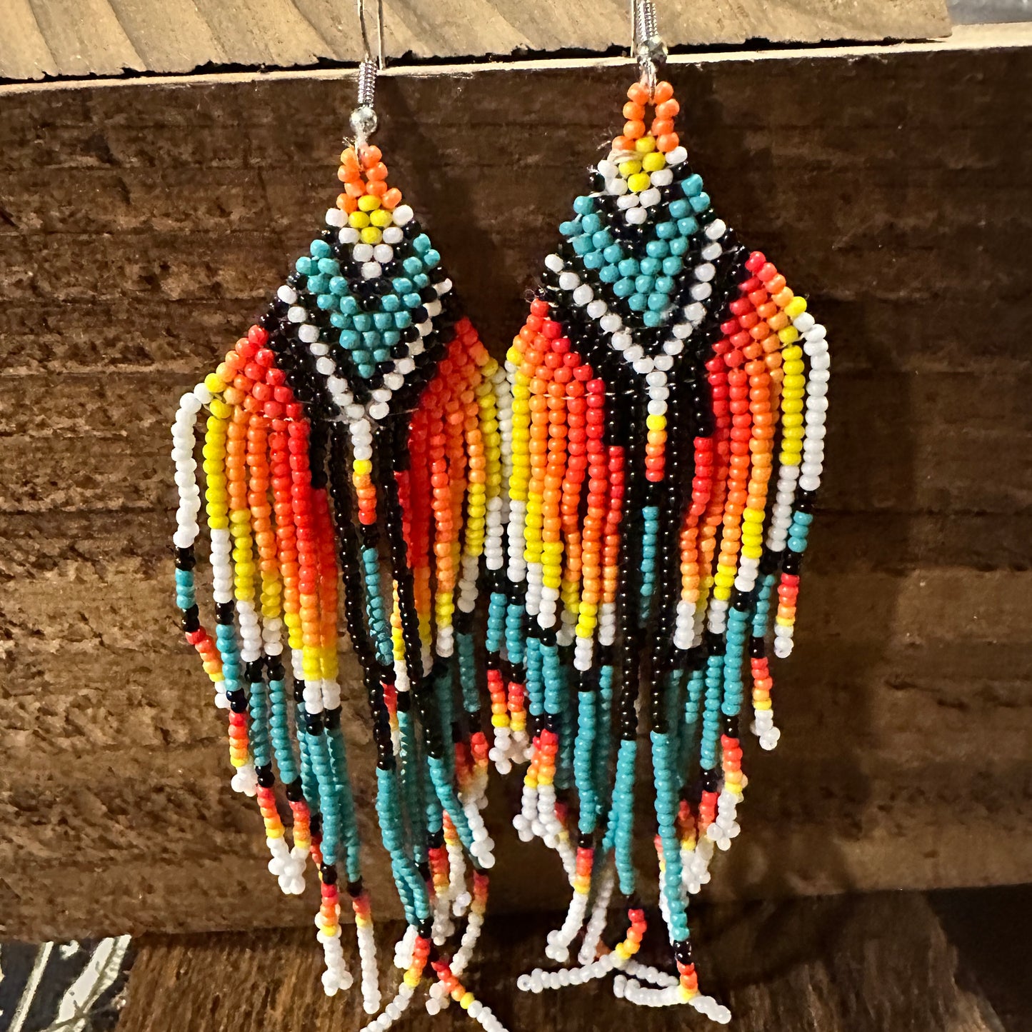 Elegant Navajo Seed Bead Dangle Earrings with Orange Turquoise, Gift-Boxed - Silver Elegant