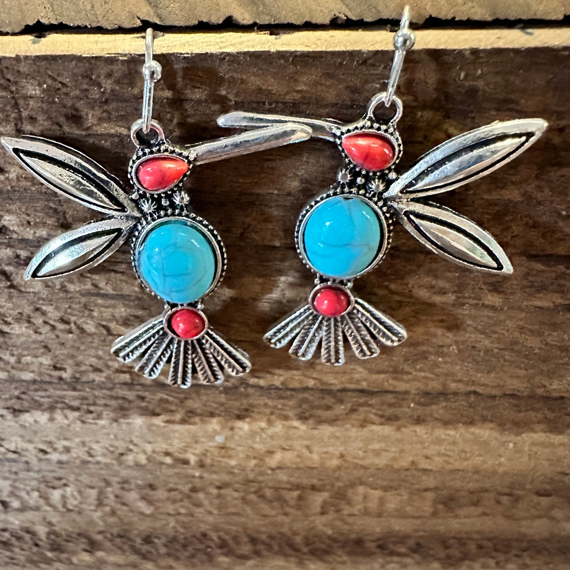 Boho Hippie Vintage Native American Thunderbird Turquoise Wire Drop Earrings, Gift Box - Silver Elegant