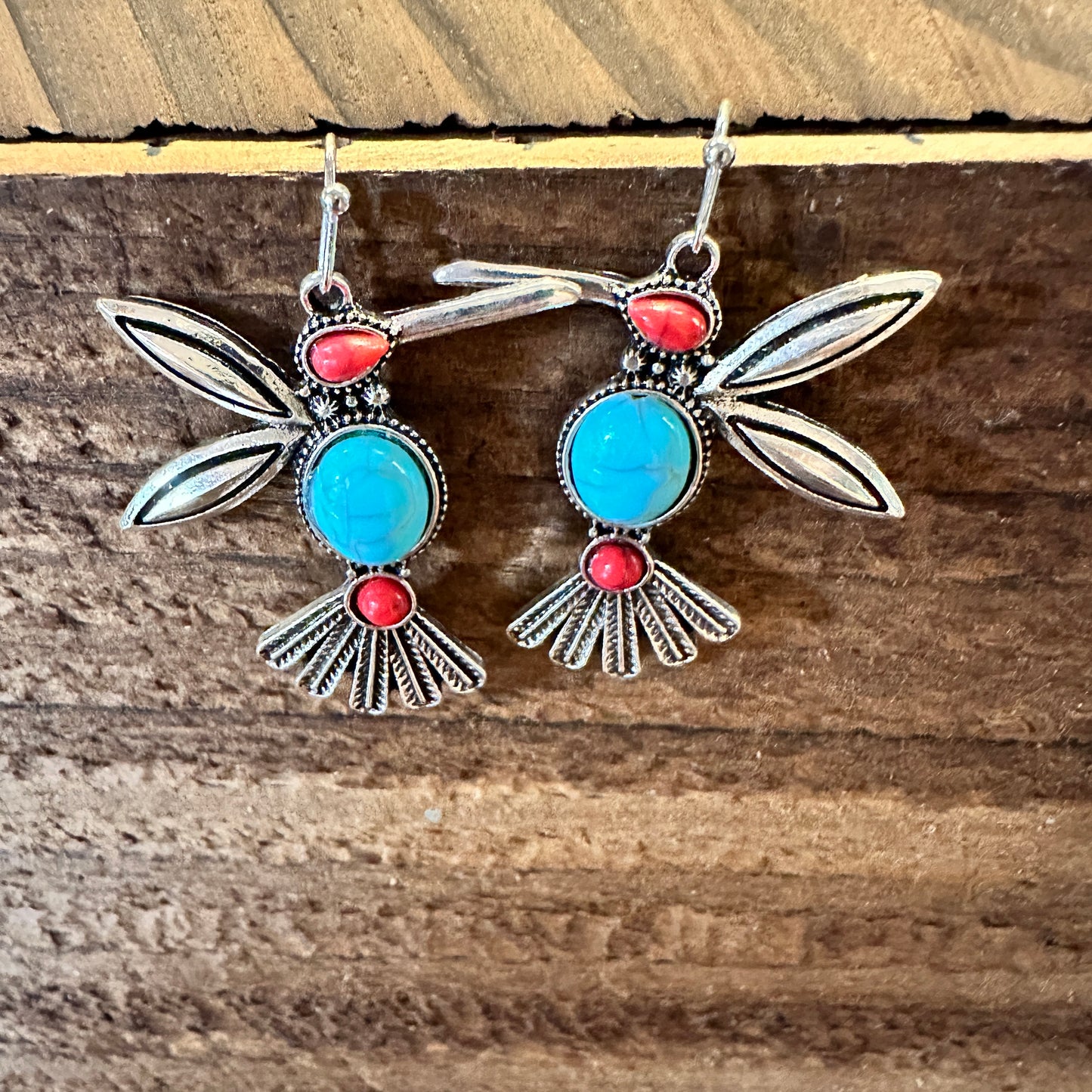 Boho Hippie Vintage Native American Thunderbird Turquoise Wire Drop Earrings, Gift Box - Silver Elegant