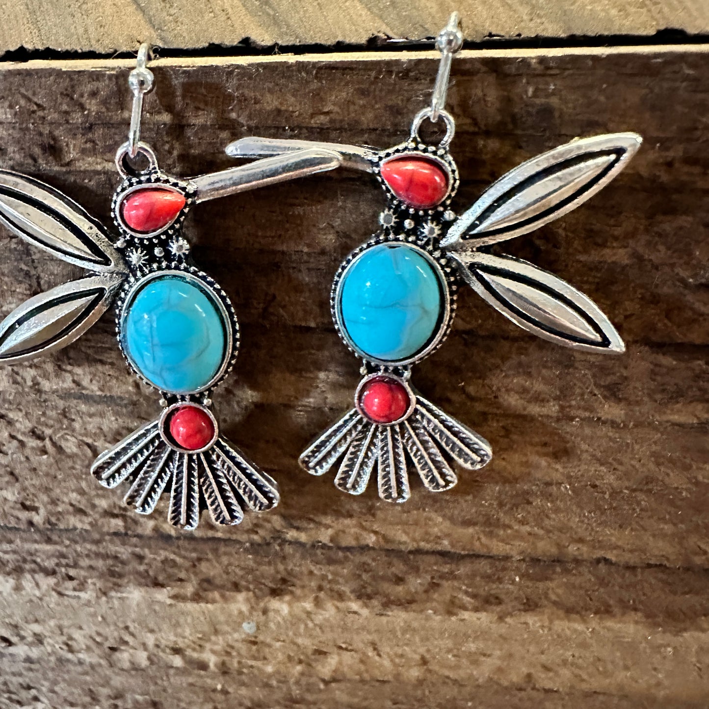 Boho Hippie Vintage Native American Thunderbird Turquoise Wire Drop Earrings, Gift Box - Silver Elegant