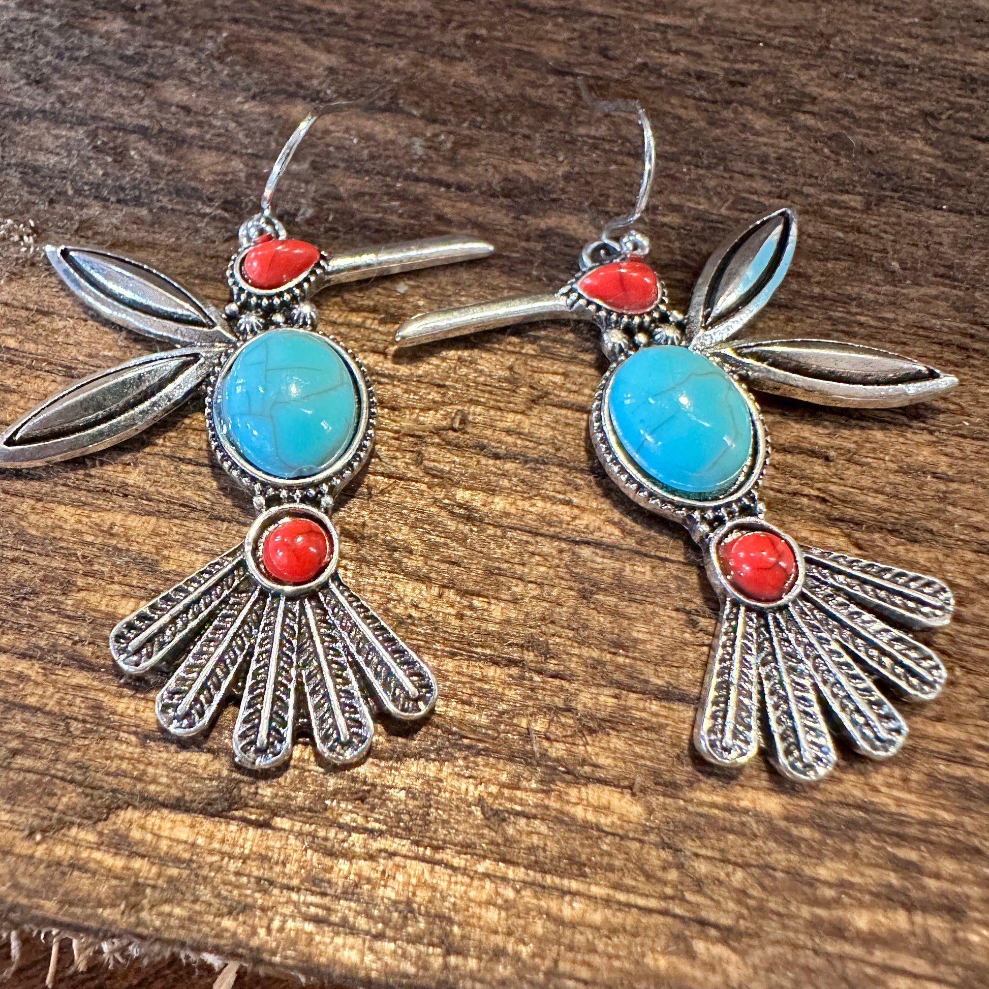 Boho Hippie Vintage Native American Thunderbird Turquoise Wire Drop Earrings, Gift Box - Silver Elegant