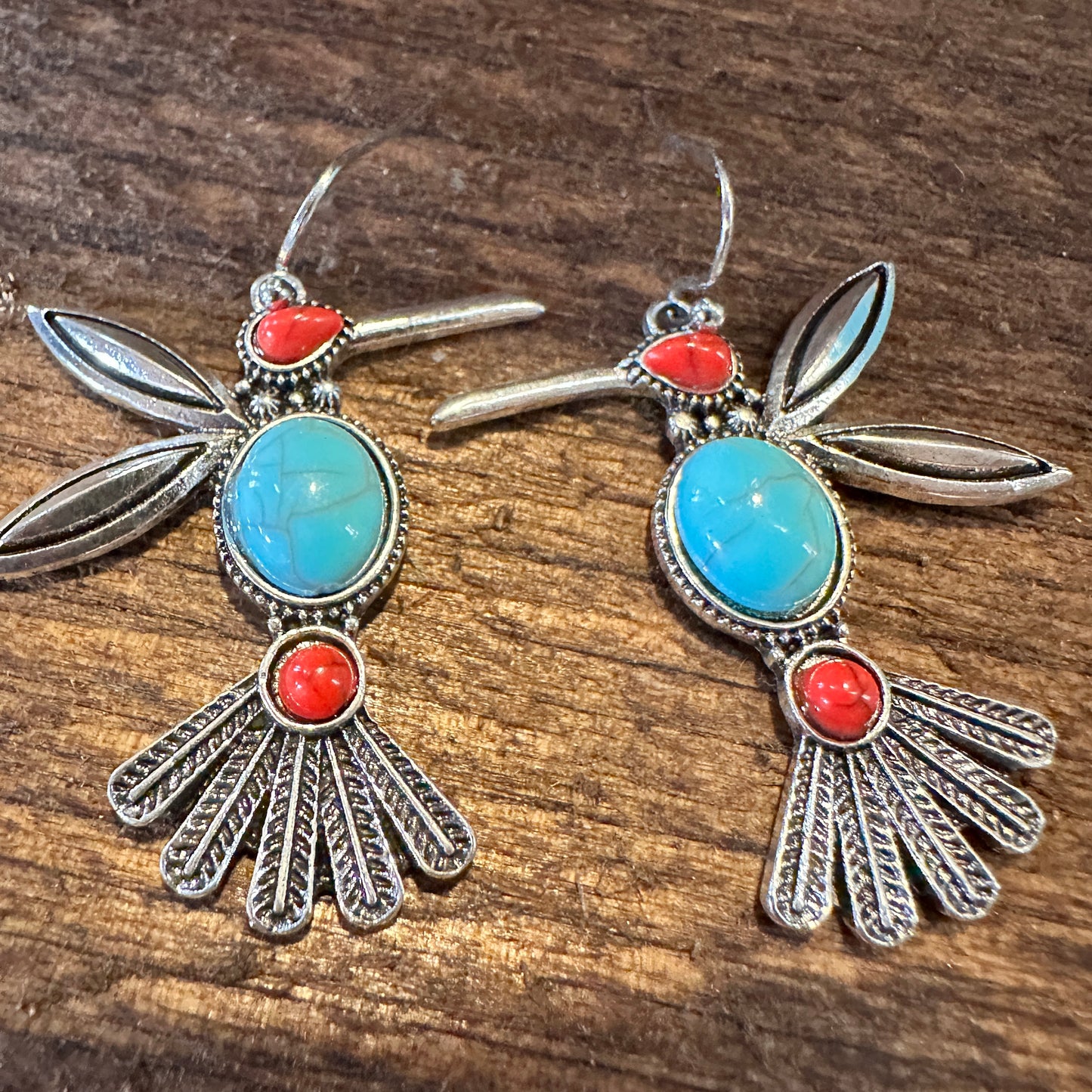 Boho Hippie Vintage Native American Thunderbird Turquoise Wire Drop Earrings, Gift Box - Silver Elegant