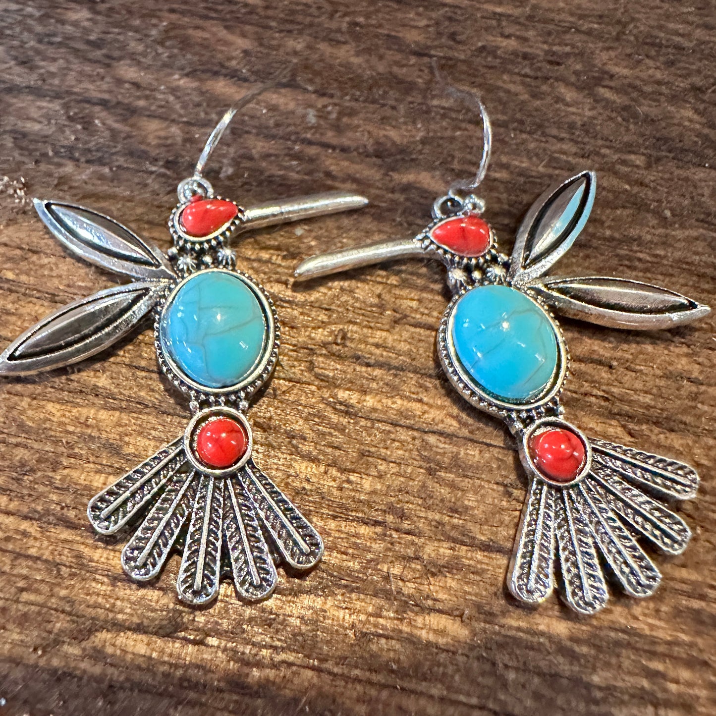 Boho Hippie Vintage Native American Thunderbird Turquoise Wire Drop Earrings, Gift Box - Silver Elegant