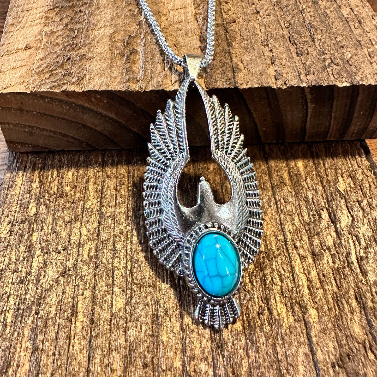 Boho Hippie Vintage Native American Eagle Turquoise Pendant Necklace, Gift Box - Silver Elegant