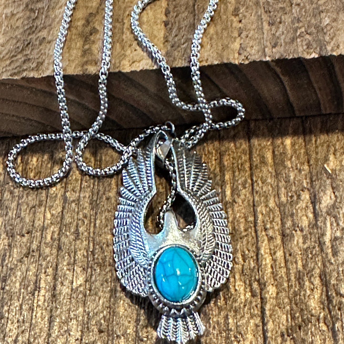 Boho Hippie Vintage Native American Eagle Turquoise Pendant Necklace, Gift Box - Silver Elegant