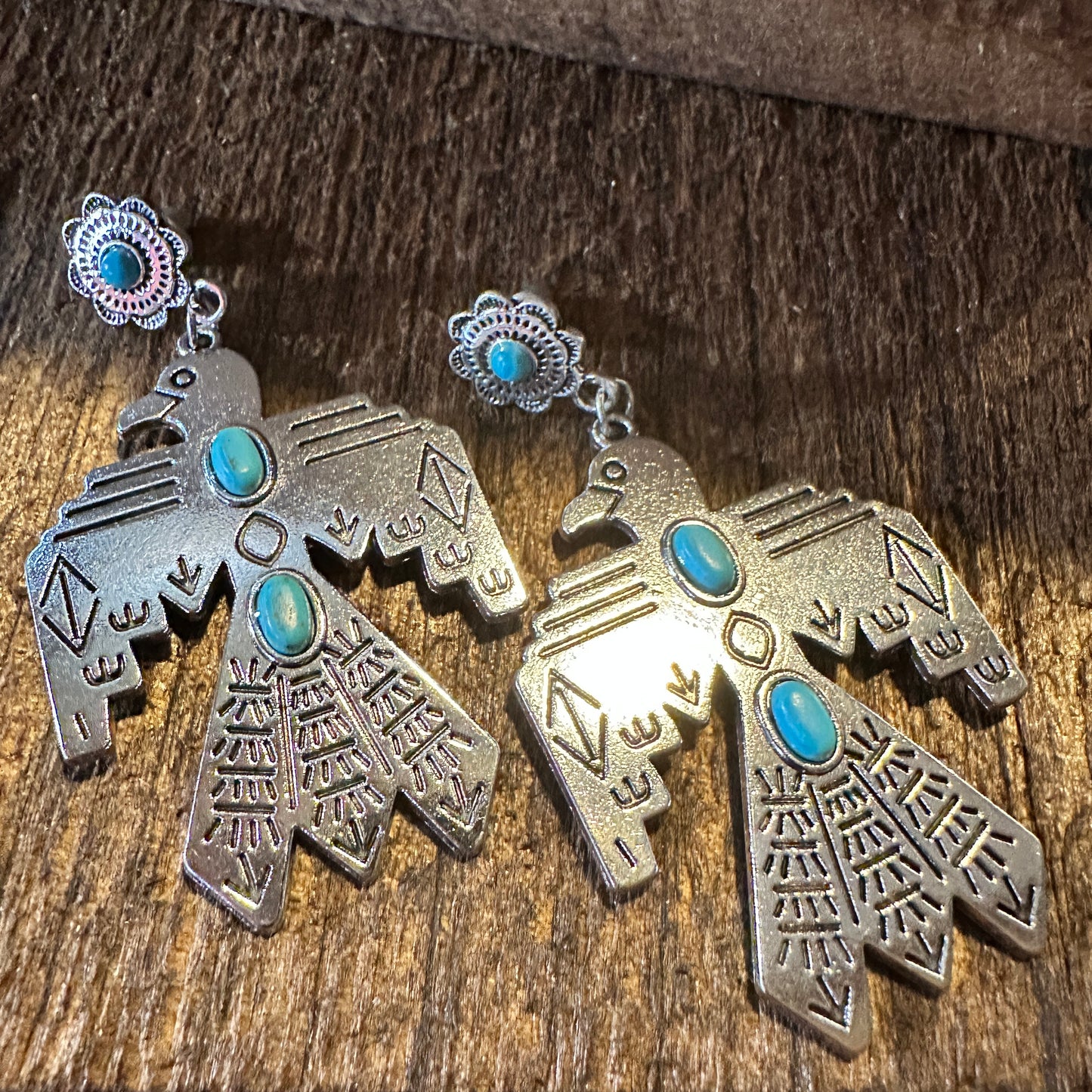 Boho Hippie Vintage Native American Thunderbird Turquoise Drop Stud Earrings, Gift Box - Silver Elegant