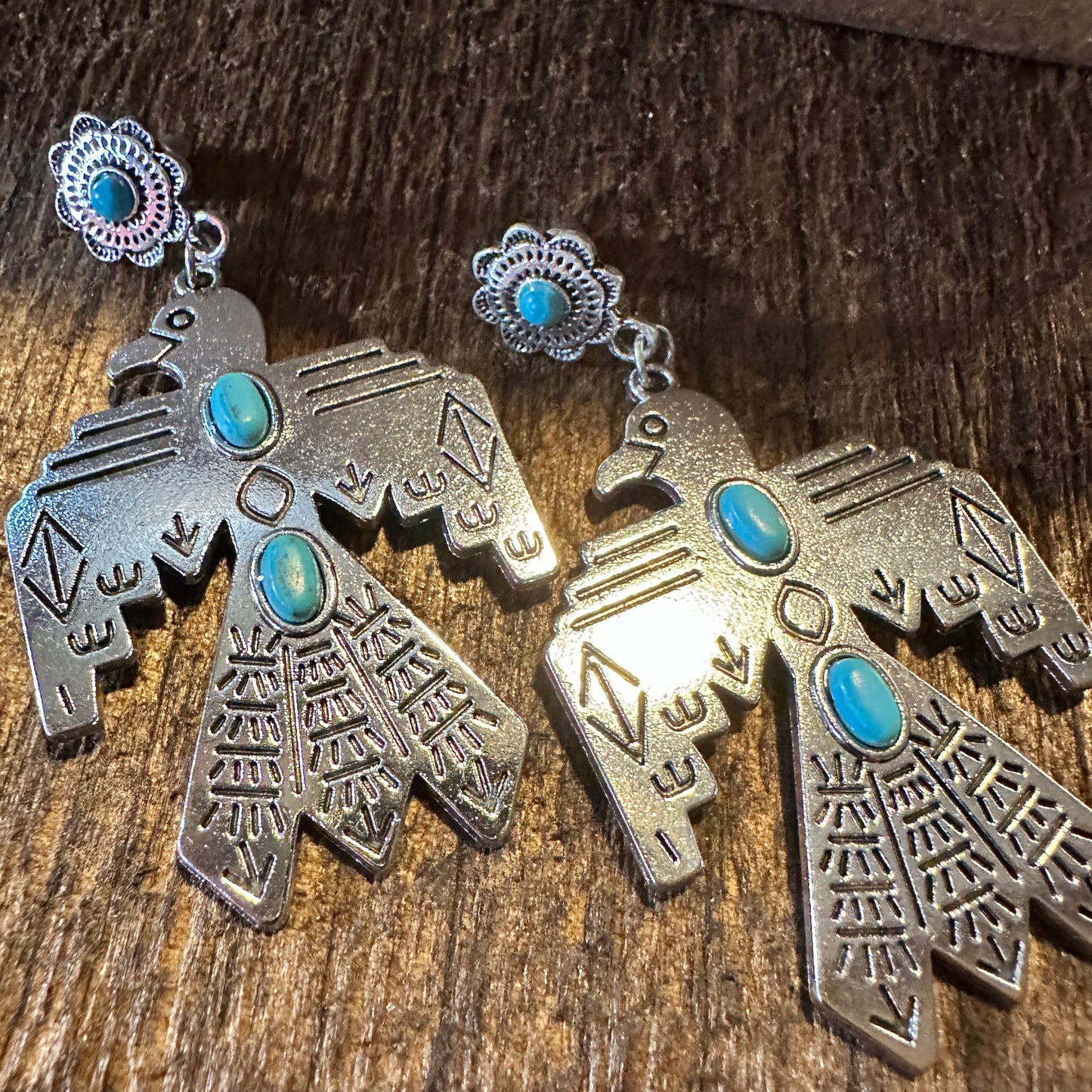 Boho Hippie Vintage Native American Thunderbird Turquoise Drop Stud Earrings, Gift Box - Silver Elegant