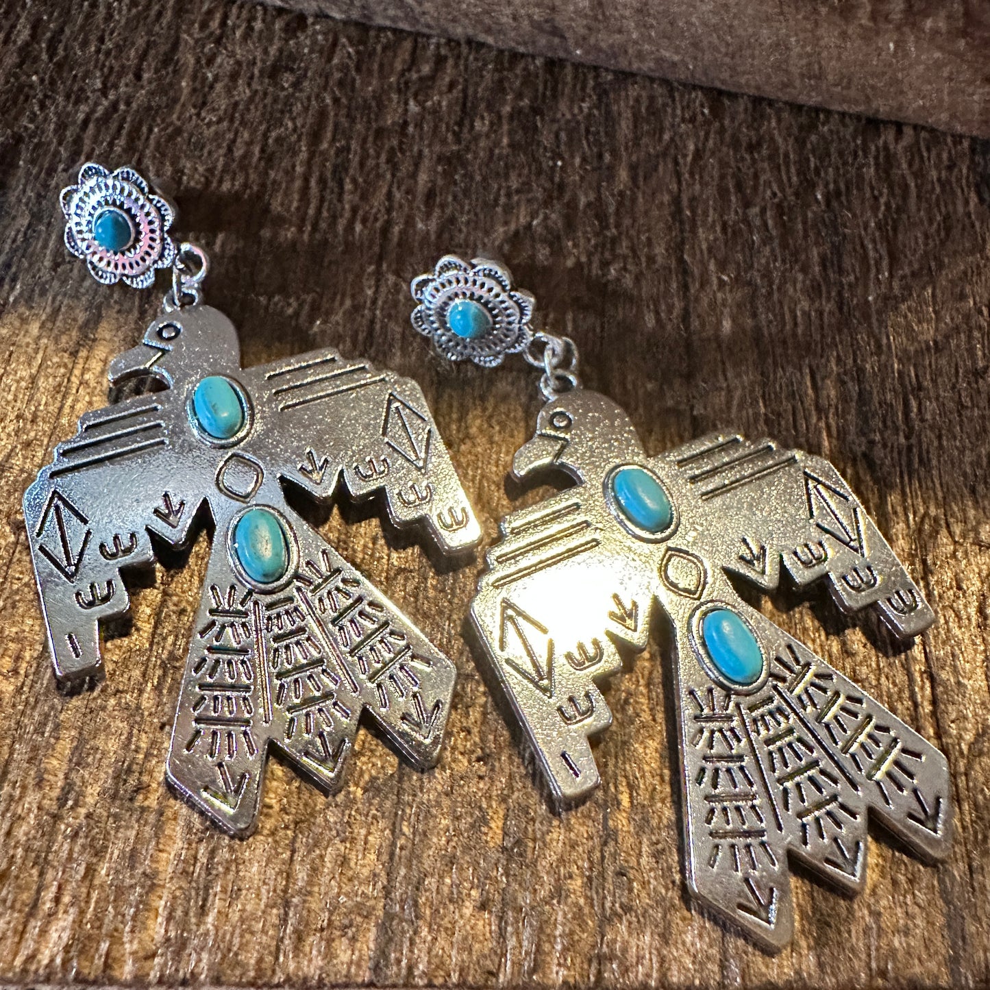 Boho Hippie Vintage Native American Thunderbird Turquoise Drop Stud Earrings, Gift Box - Silver Elegant