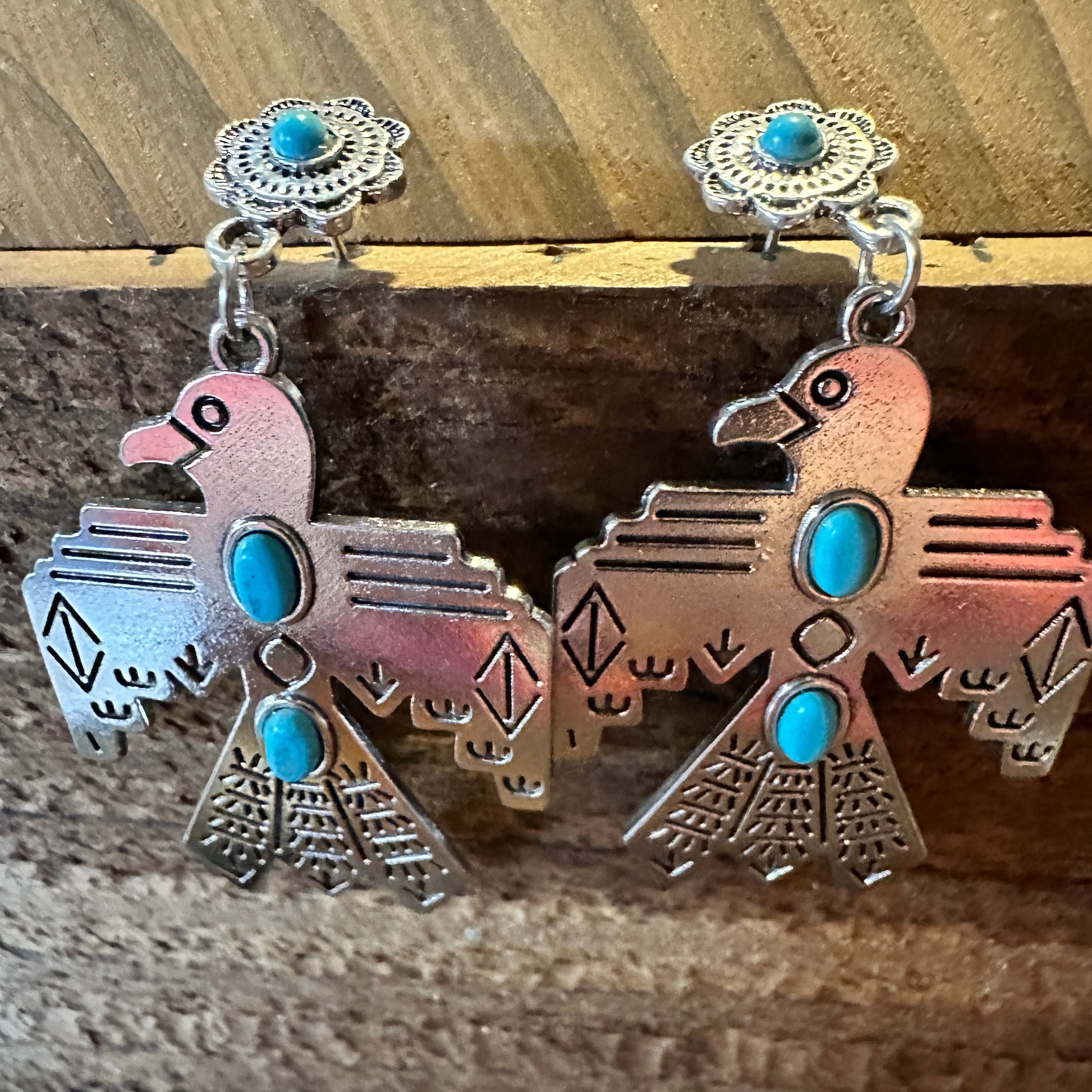 Boho Hippie Vintage Native American Thunderbird Turquoise Drop Stud Earrings, Gift Box - Silver Elegant