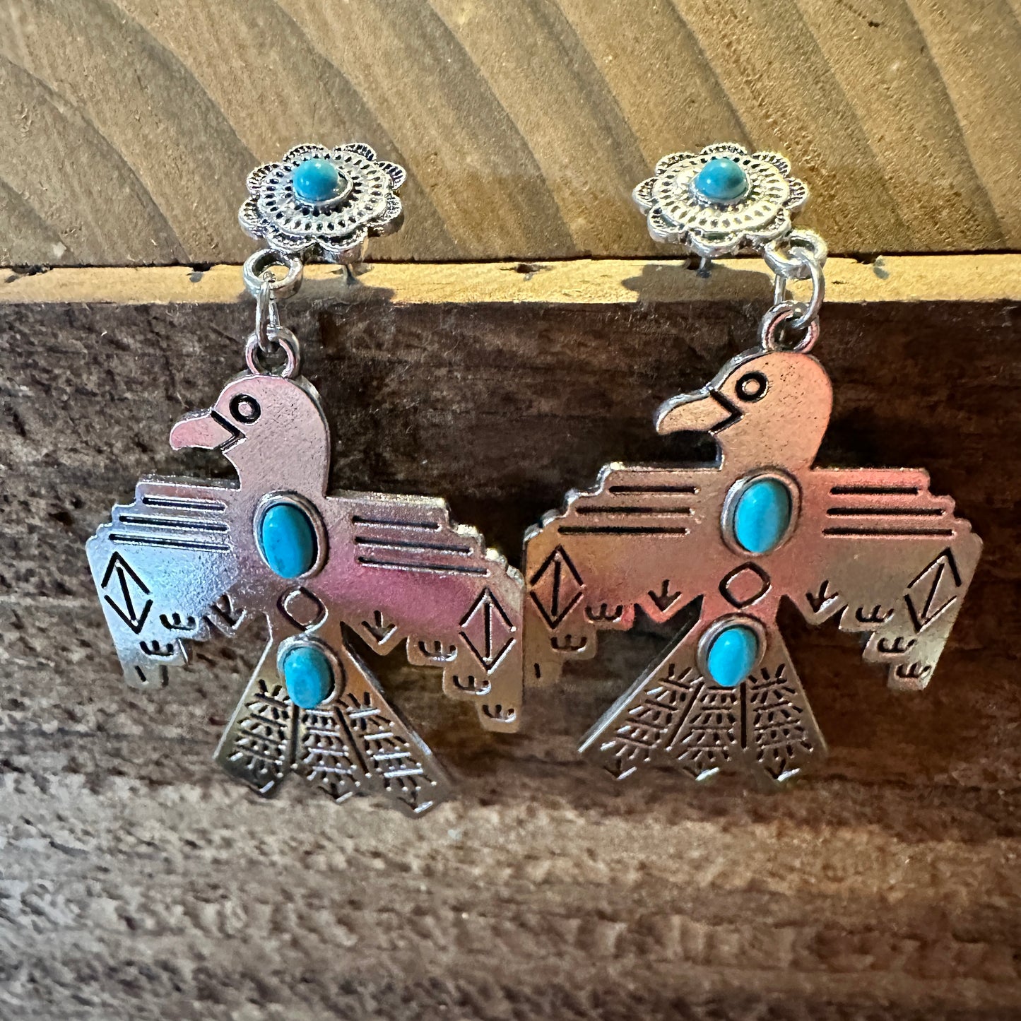 Boho Hippie Vintage Native American Thunderbird Turquoise Drop Stud Earrings, Gift Box - Silver Elegant