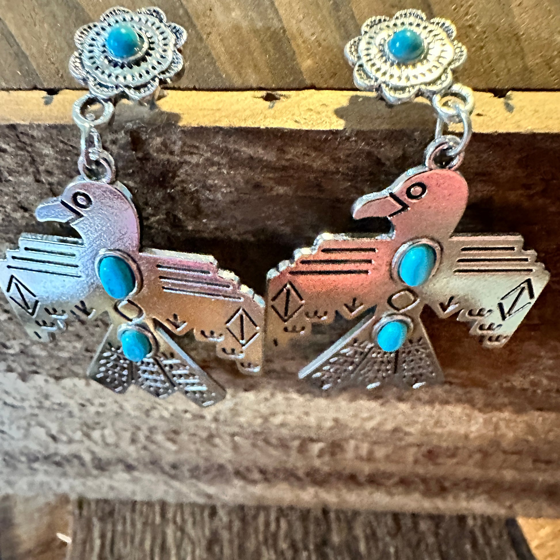 Boho Hippie Vintage Native American Thunderbird Turquoise Drop Stud Earrings, Gift Box - Silver Elegant