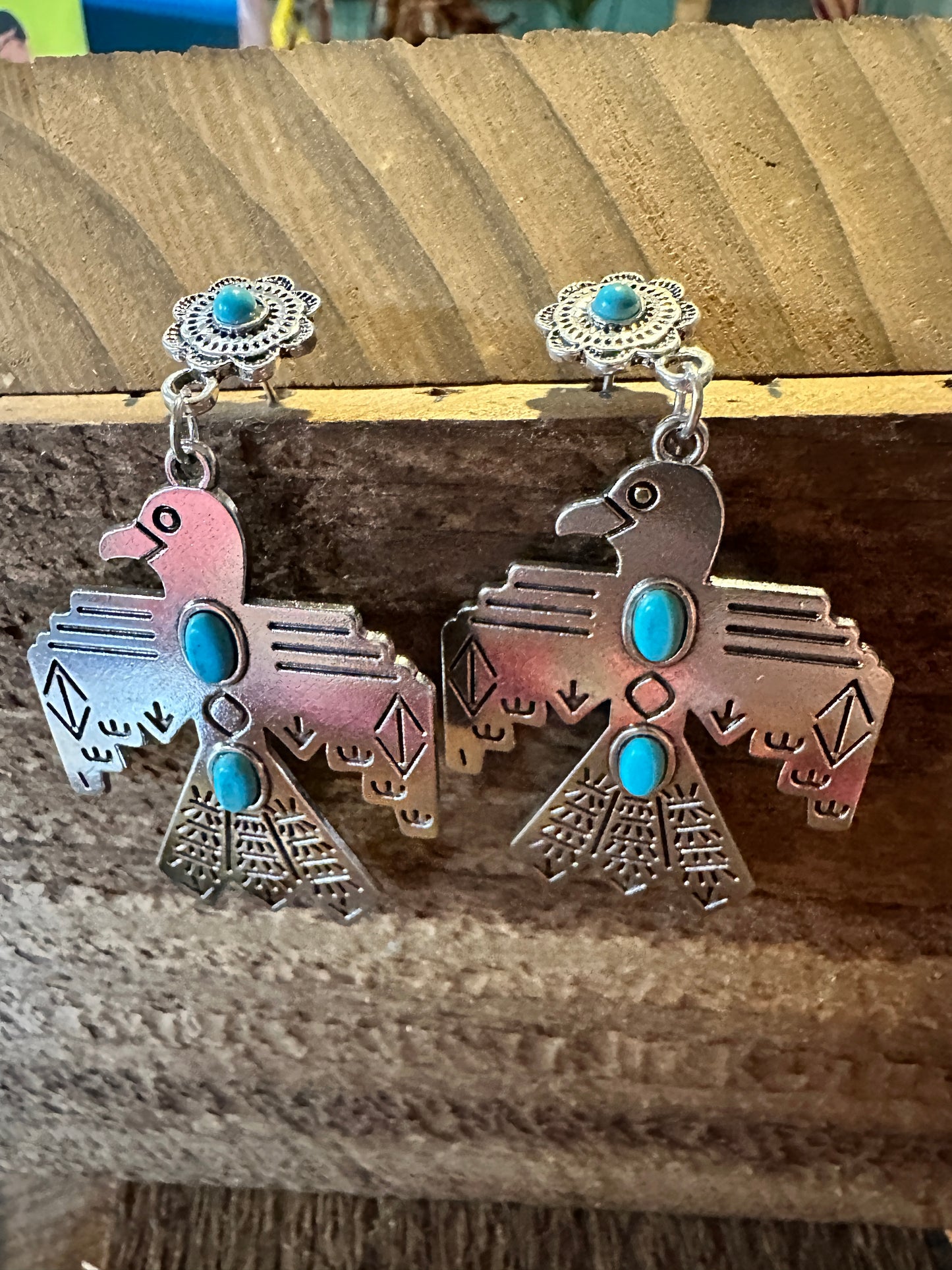 Boho Hippie Vintage Native American Thunderbird Turquoise Drop Stud Earrings, Gift Box - Silver Elegant