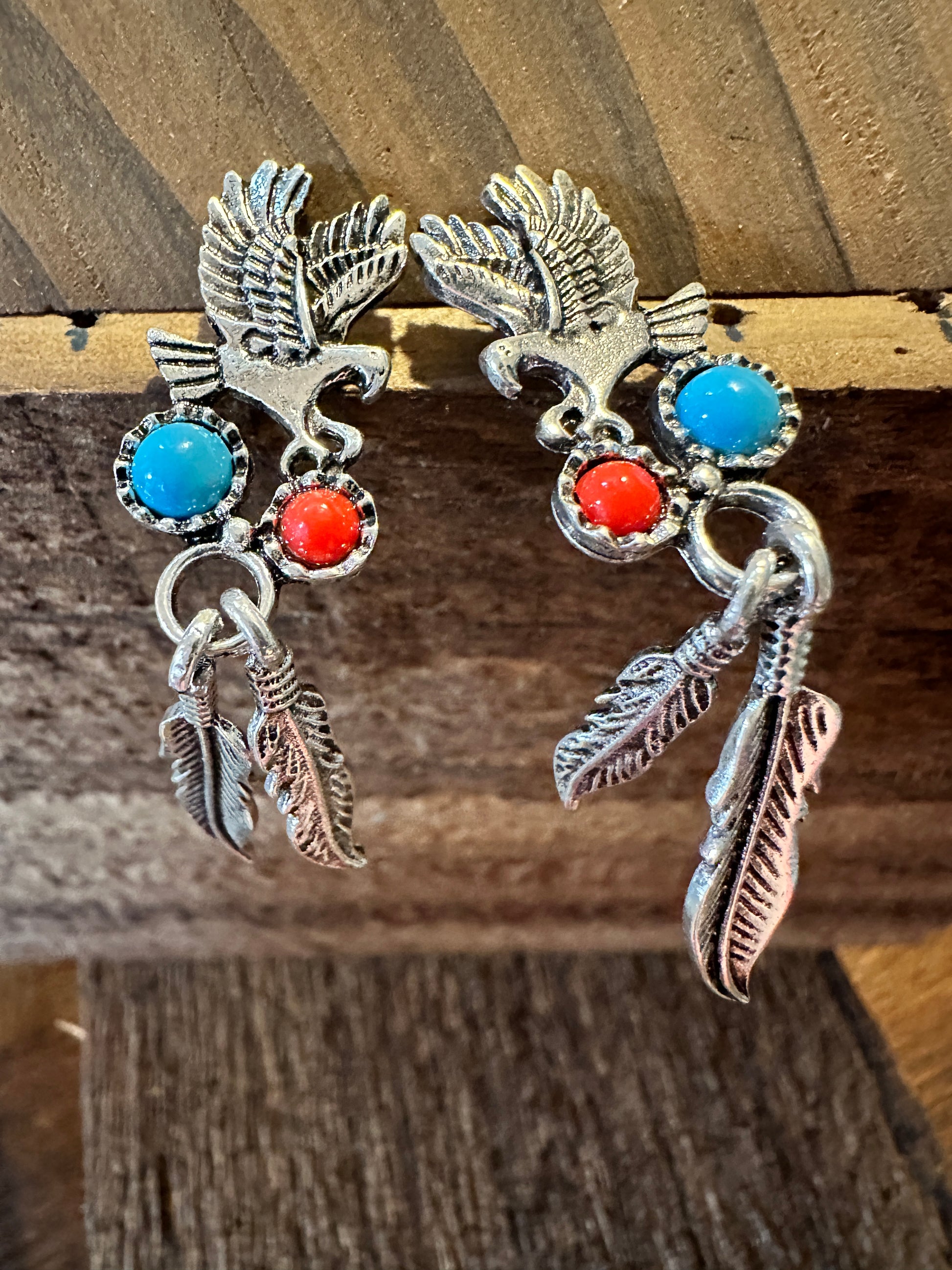 Boho Hippie Vintage Native American Thunderbird & Feather Stud Earrings, Turquoise Coral, Gift Box - Silver Elegant