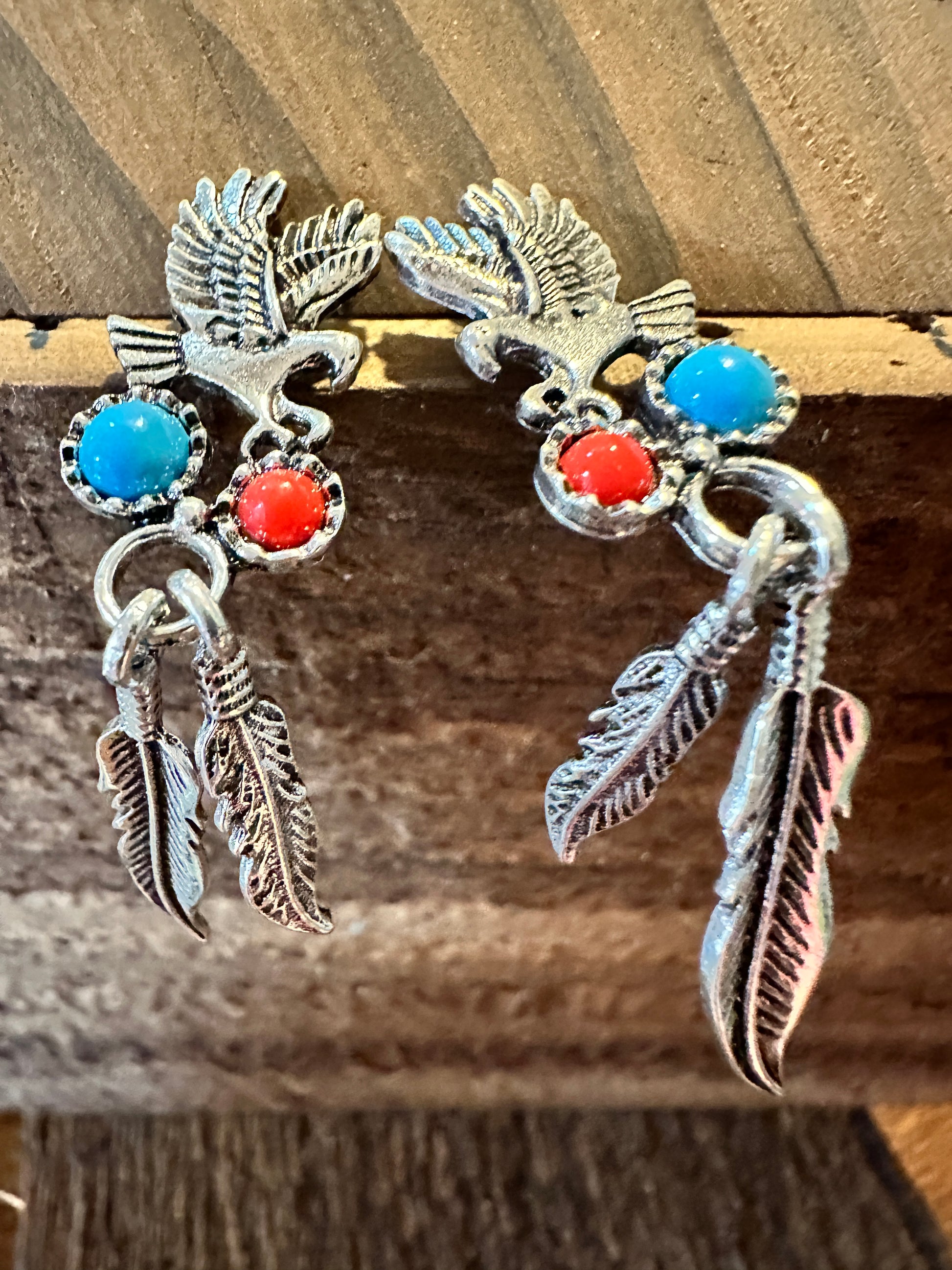 Boho Hippie Vintage Native American Thunderbird & Feather Stud Earrings, Turquoise Coral, Gift Box - Silver Elegant