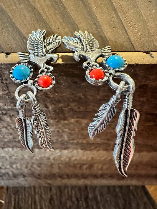 Boho Hippie Vintage Native American Thunderbird & Feather Stud Earrings, Turquoise Coral, Gift Box - Silver Elegant