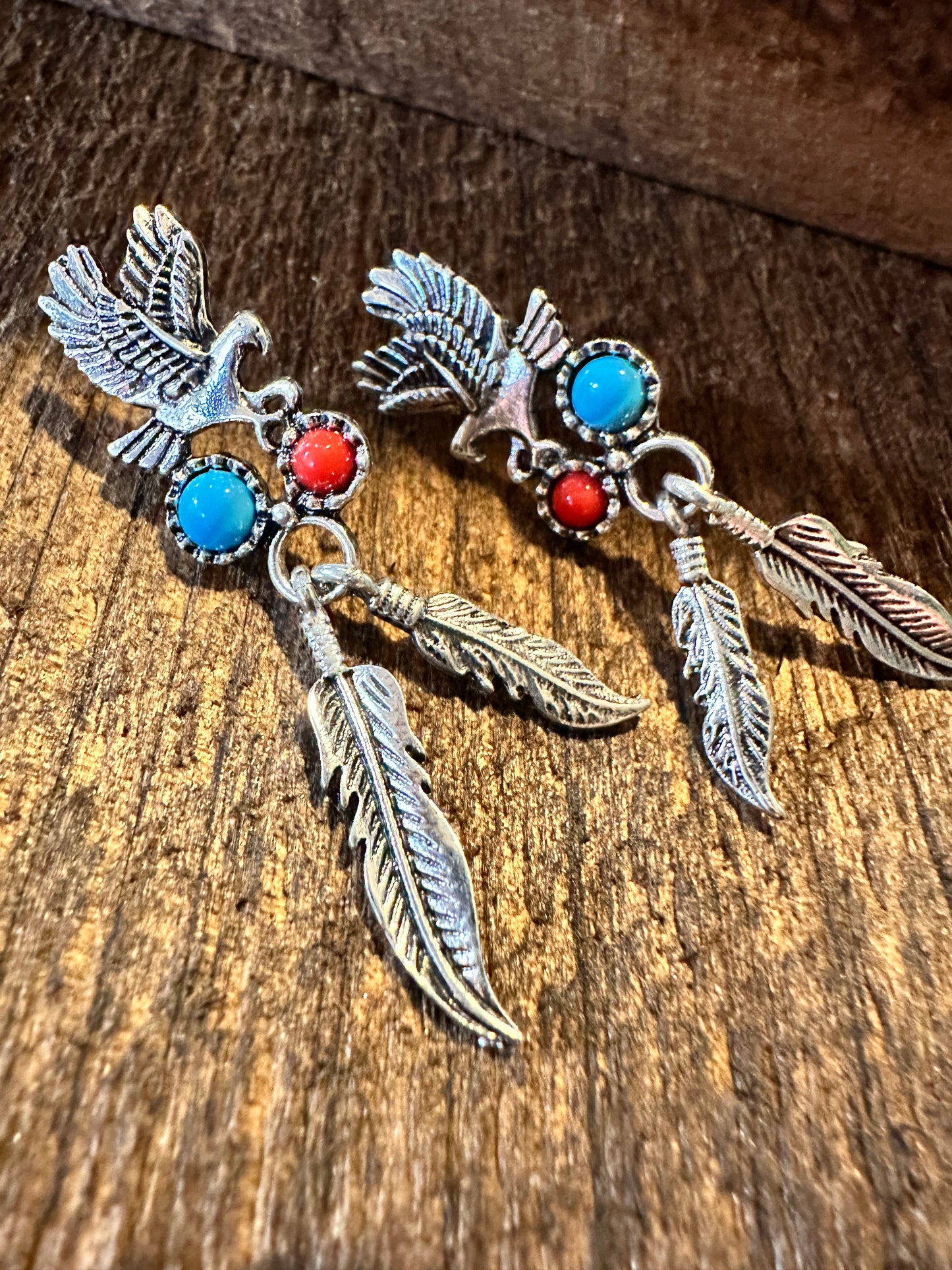 Boho Hippie Vintage Native American Thunderbird & Feather Stud Earrings, Turquoise Coral, Gift Box - Silver Elegant