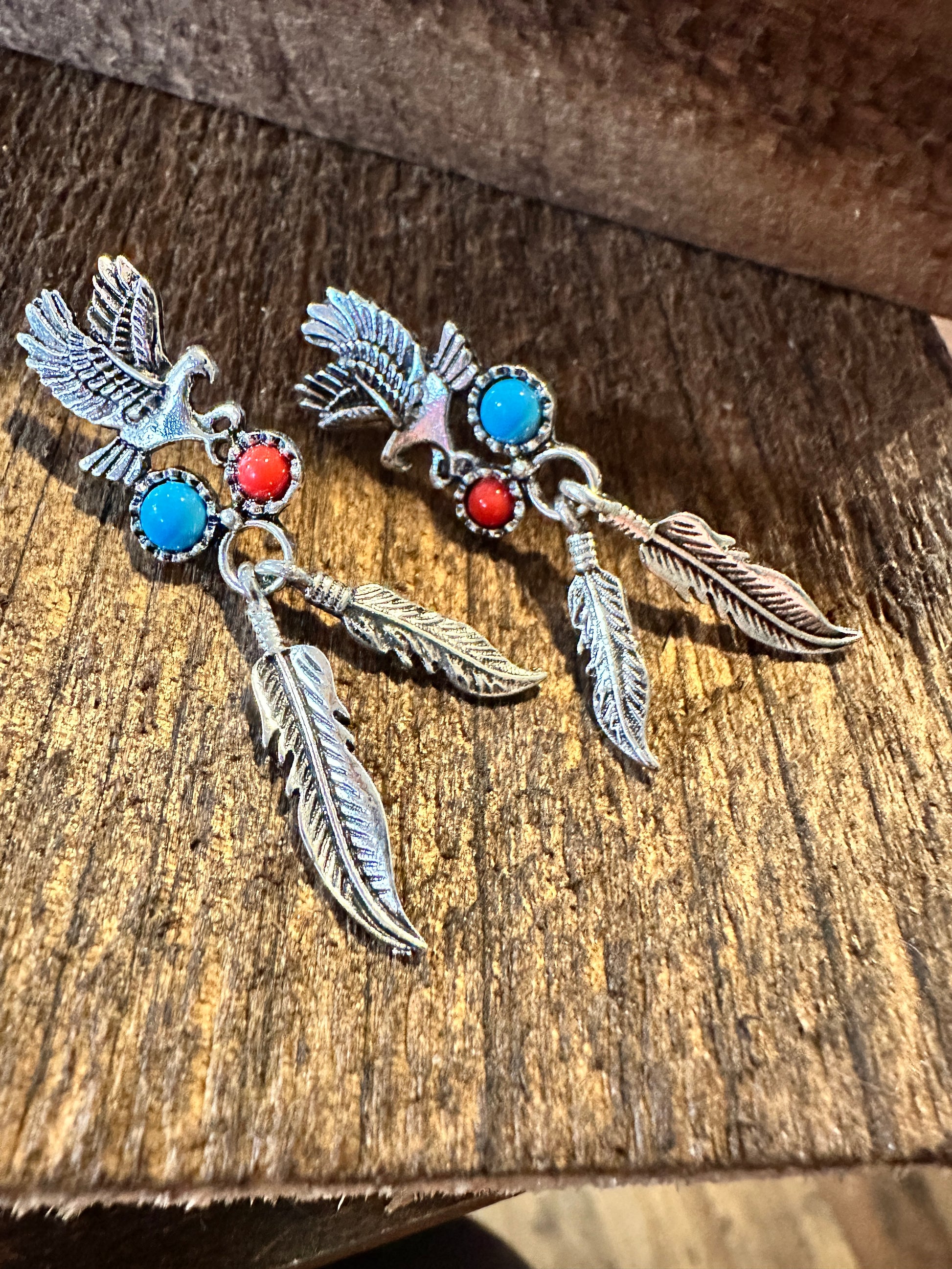 Boho Hippie Vintage Native American Thunderbird & Feather Stud Earrings, Turquoise Coral, Gift Box - Silver Elegant