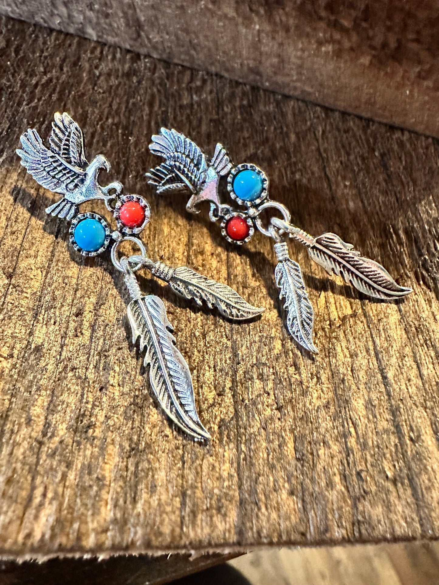 Boho Hippie Vintage Native American Thunderbird & Feather Stud Earrings, Turquoise Coral, Gift Box - Silver Elegant