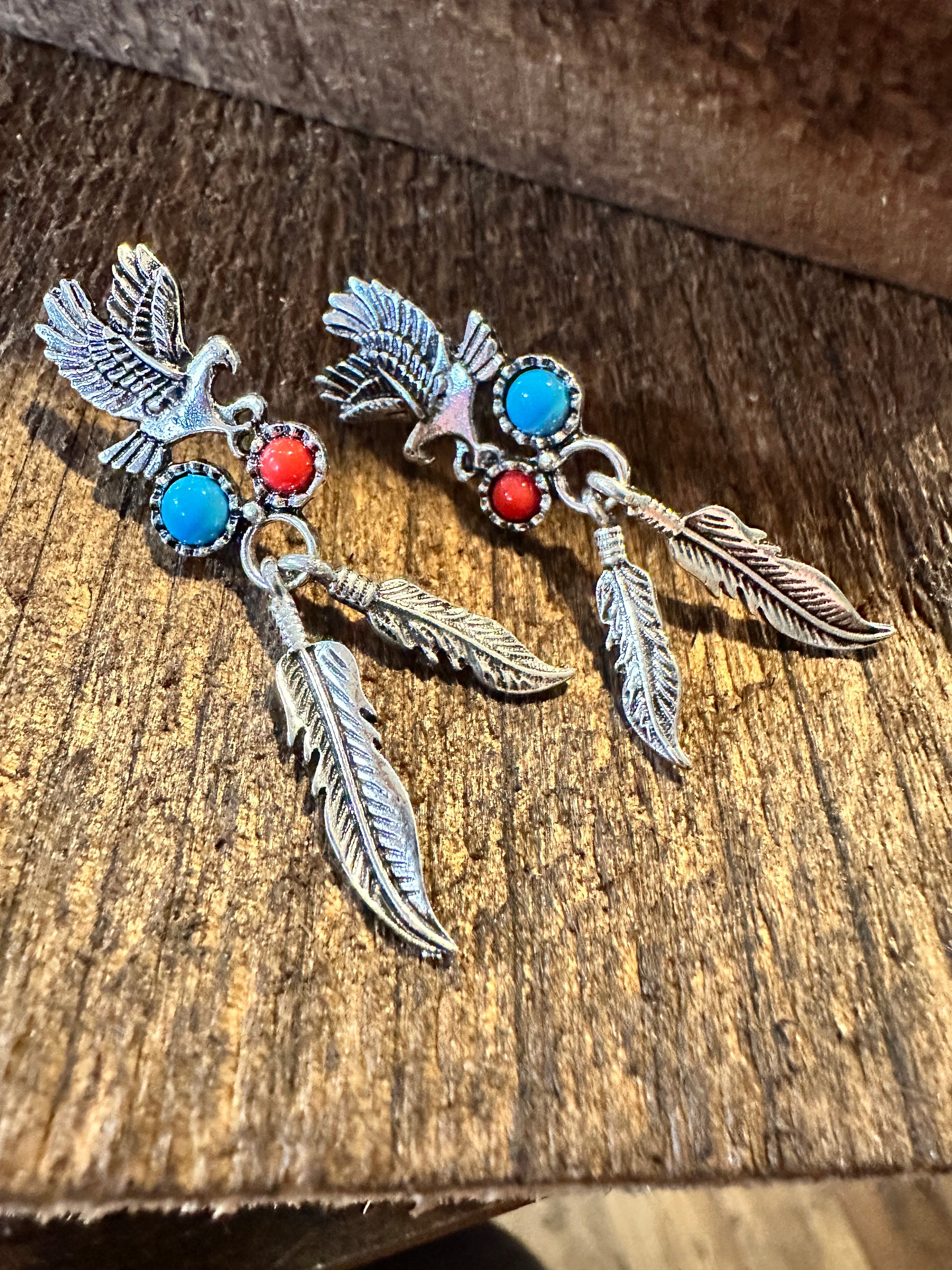 Boho Hippie Vintage Native American Thunderbird & Feather Stud Earrings, Turquoise Coral, Gift Box - Silver Elegant