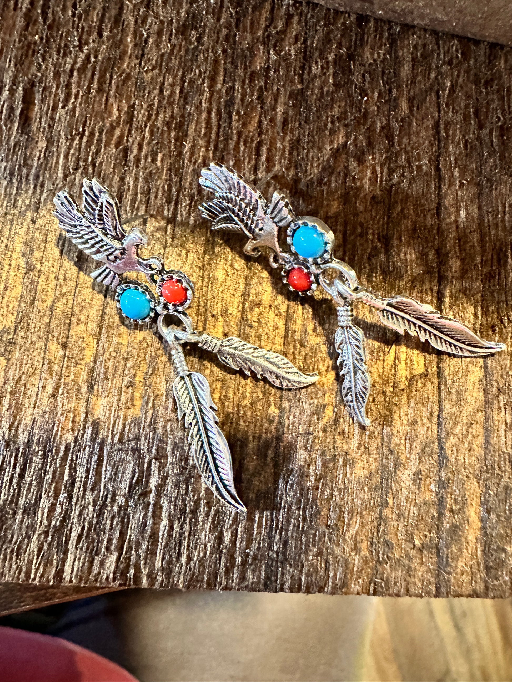 Boho Hippie Vintage Native American Thunderbird & Feather Stud Earrings, Turquoise Coral, Gift Box - Silver Elegant