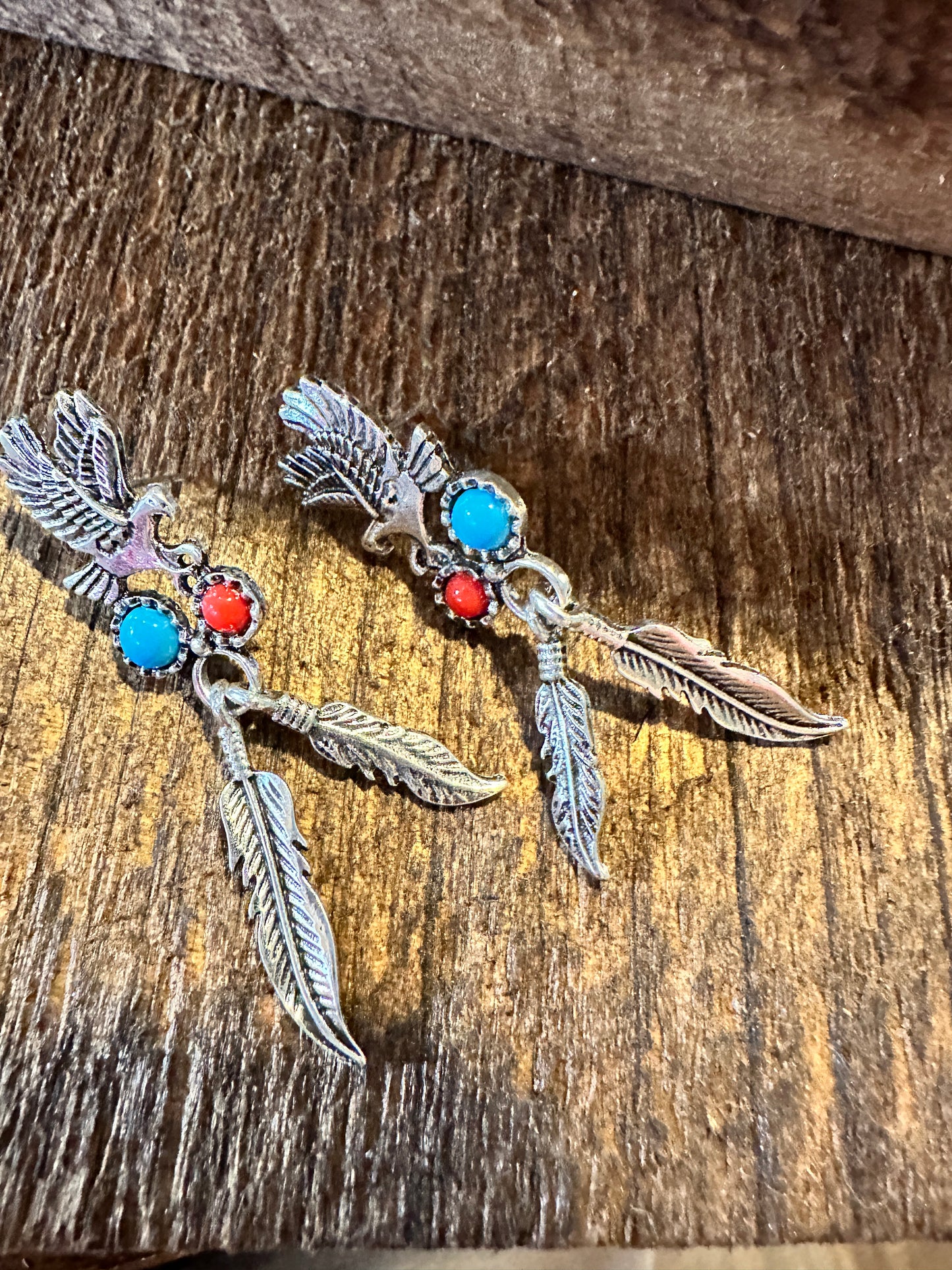 Boho Hippie Vintage Native American Thunderbird & Feather Stud Earrings, Turquoise Coral, Gift Box - Silver Elegant