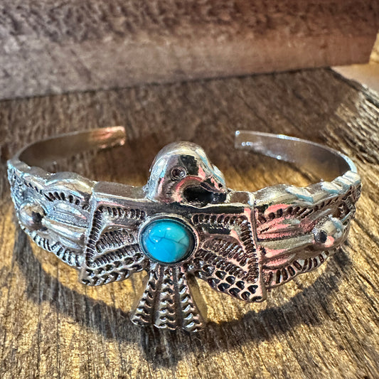 Vintage Bohemian Thunderbird Bangle Bracelet with Turquoise Accent, Gift-Ready Box - Silver Elegant