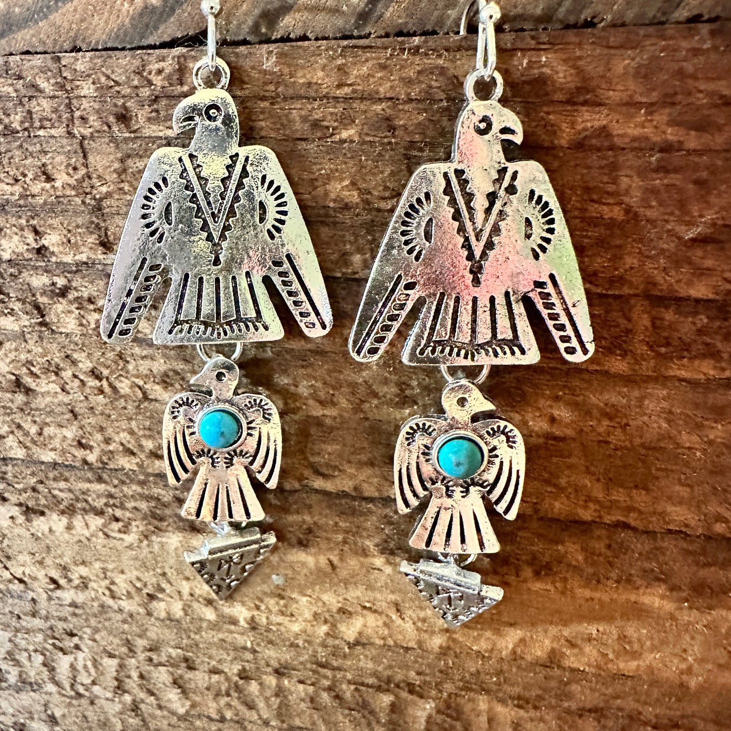 Boho Hippie Vintage Native American Thunderbird Wire Earring, Turquoise Stone, Gift Box - Silver Elegant