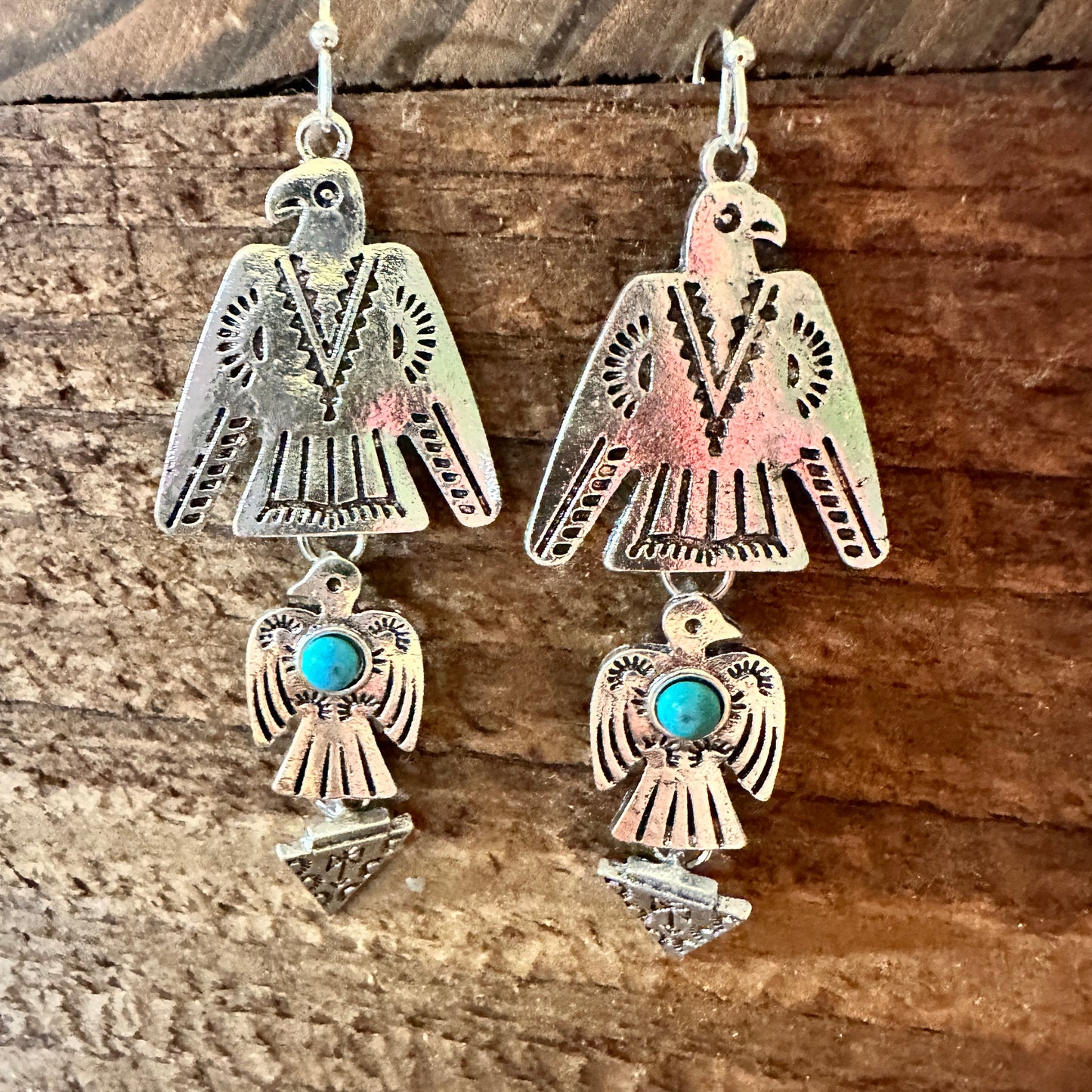 Boho Hippie Vintage Native American Thunderbird Wire Earring, Turquoise Stone, Gift Box - Silver Elegant