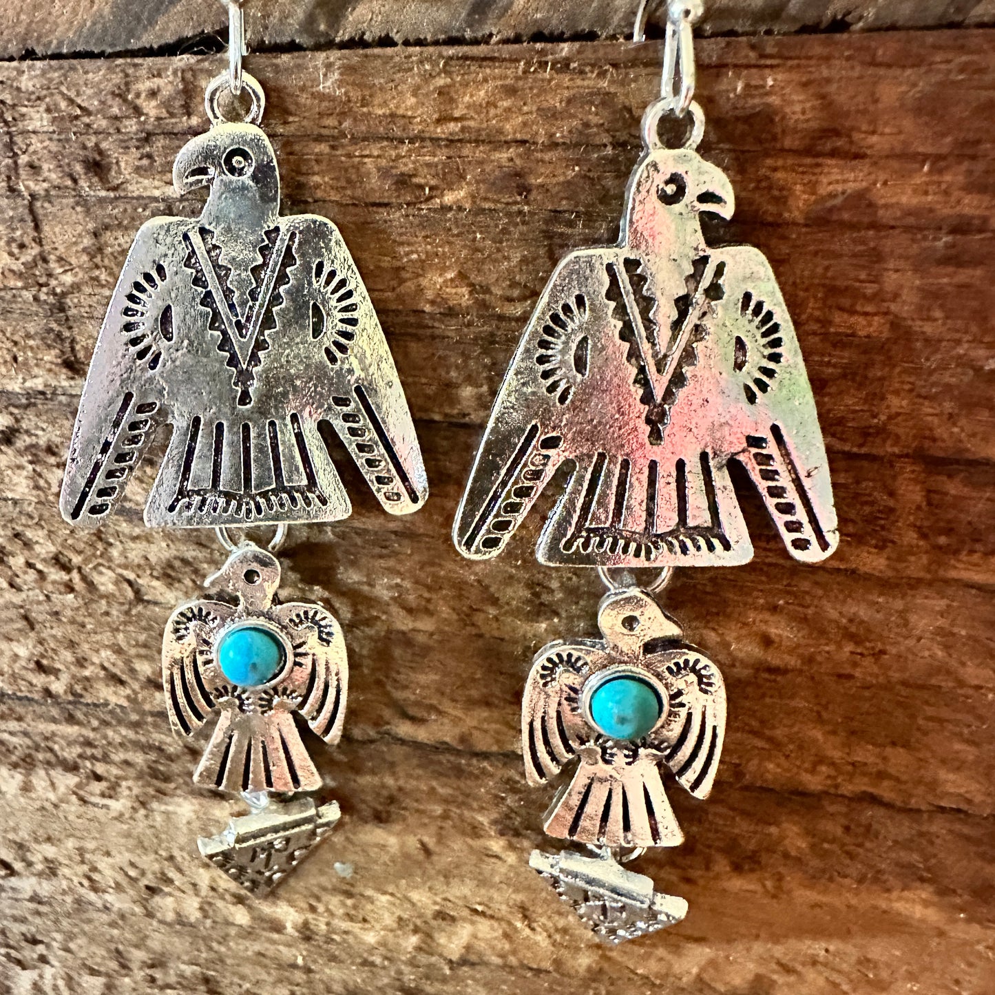 Boho Hippie Vintage Native American Thunderbird Wire Earring, Turquoise Stone, Gift Box - Silver Elegant