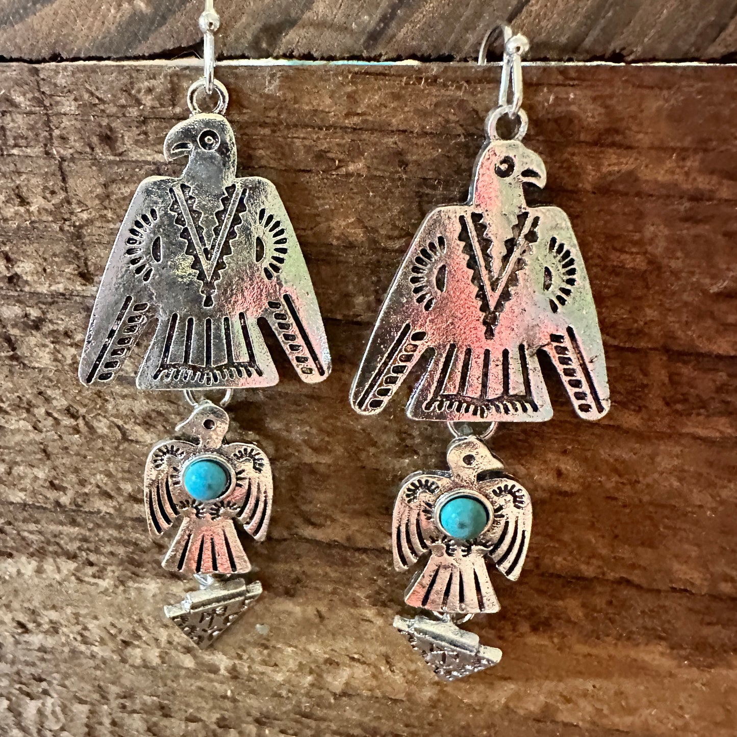 Boho Hippie Vintage Native American Thunderbird Wire Earring, Turquoise Stone, Gift Box - Silver Elegant